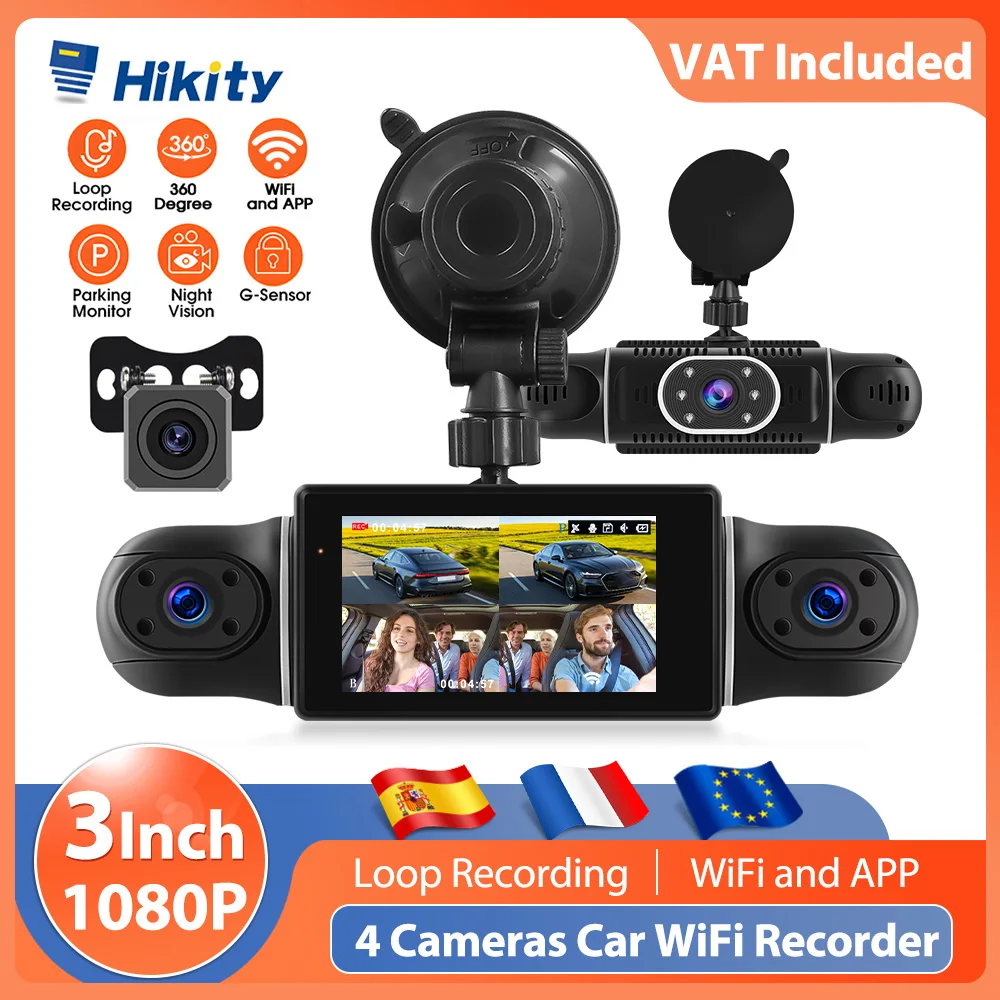 Hikity 3-Zoll 360 ° 1080P Dashcam DVR 4-Kanal mit gleichzeitiger Anzeige HD-Autorekorder unterstützt Gravitationssensor und Nachtsicht. Image
