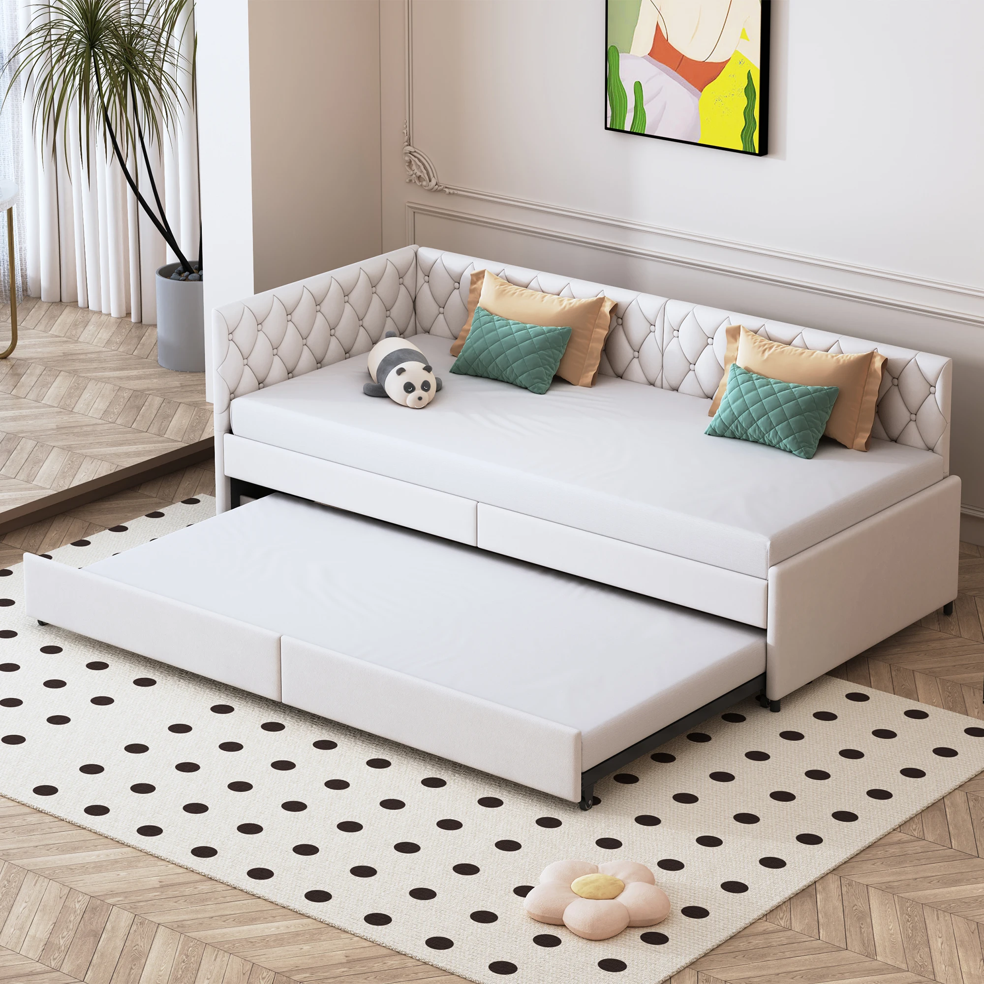 Anajqaqia 90/180 x 200 cm Ausziehbares Schlafsofa, Ausziehbares Bett zum Doppelbett, Ausziehbett, mit Lattenrost, Samt, Beige Image