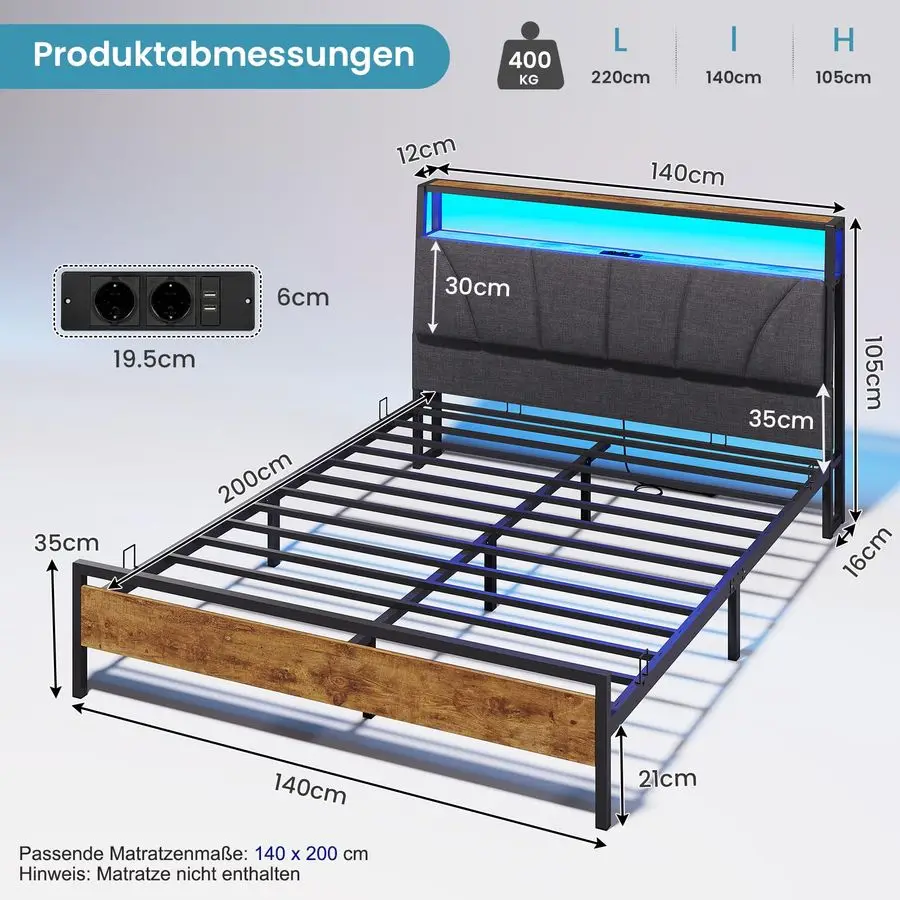 140 x 200 cm mit Metalllattenrost, Bettgestell 140 x 200 cm mit LED-Beleuchtung, Metallbett 140 x 200 cm mit Kopfteil und Bettuntergestell Image