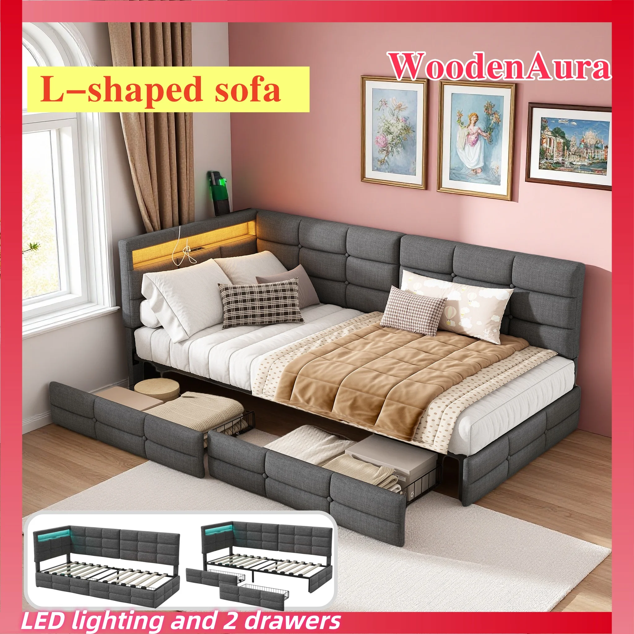 WoodenAura Lit rembourré, 90 x 200 cm, lit simple avec 2 tiroirs de rangement, doté d