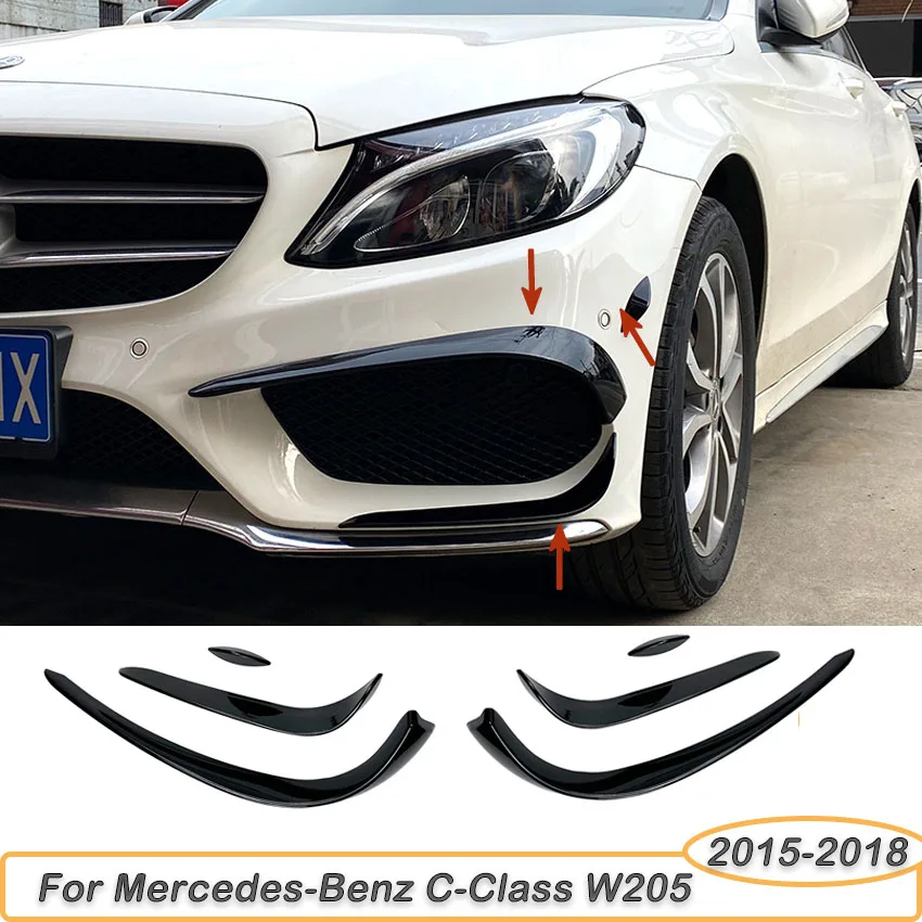 Per Mercedes-Benz Classe C W205 C200 C260 C43 AMG 2015-2018 Auto Paraurti Anteriore Spoiler Laterale Canard Splitter Body Kit Nero Lucido