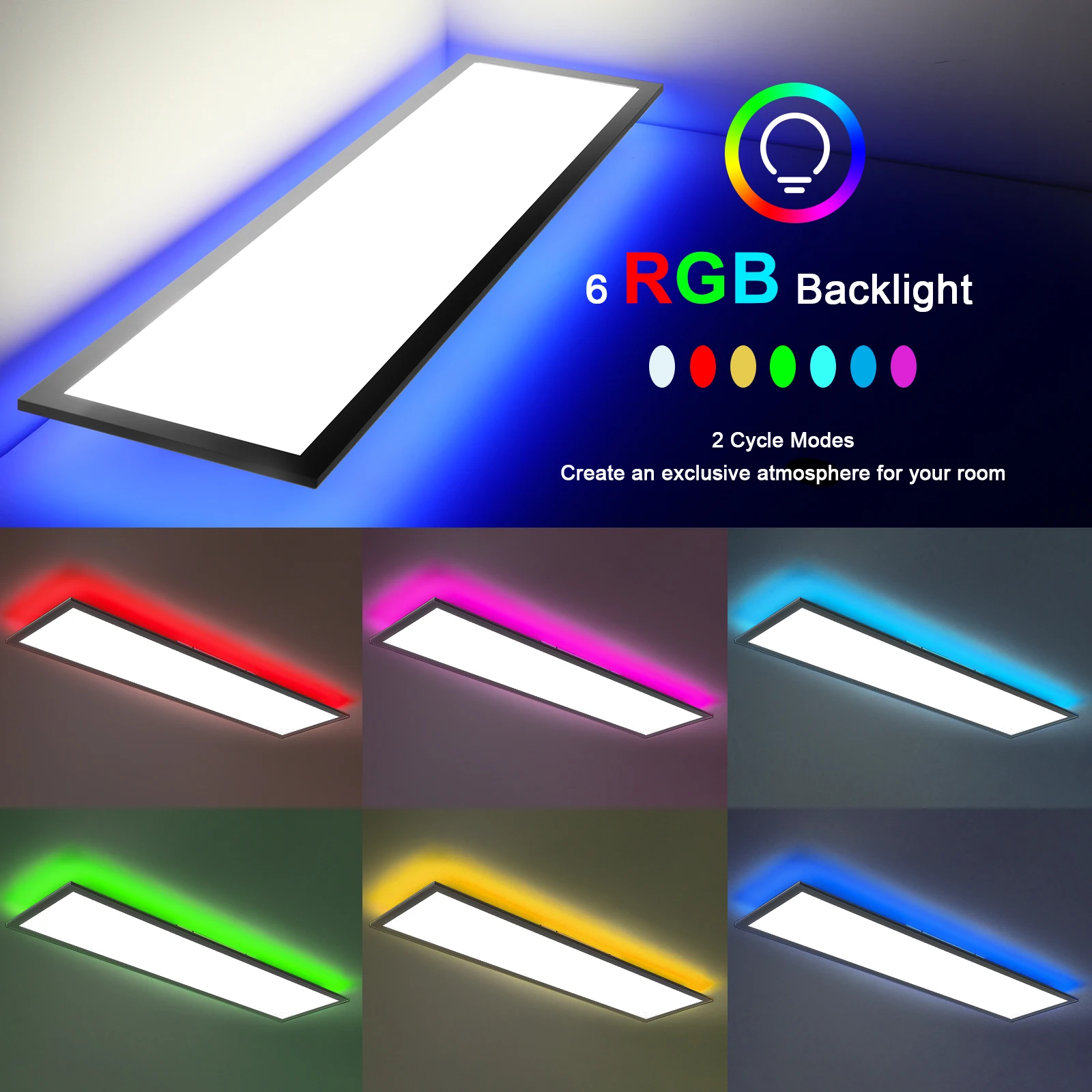 LED-Panel-Deckenleuchte 120 x 30 cm, RGB-Lampe, LED-Deckenleuchte mit Fernbedienung, 40 W, 4400 lm, Deckenleuchte mit Speicherfunktion, 3000 K–6500 K, Deckenleuchte für Wohnzimmer, Schlafzimmer, Büro, Image