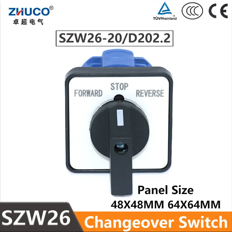 ZHUCO SZW26/LW26-20 2-Phasen 8 Anschlüsse 20A Drei Gänge 3-Wege Umkehr-/Vorwärts-Universal-Stromkreisschalter mit Nockenhebel 64/48 mm Panel Image