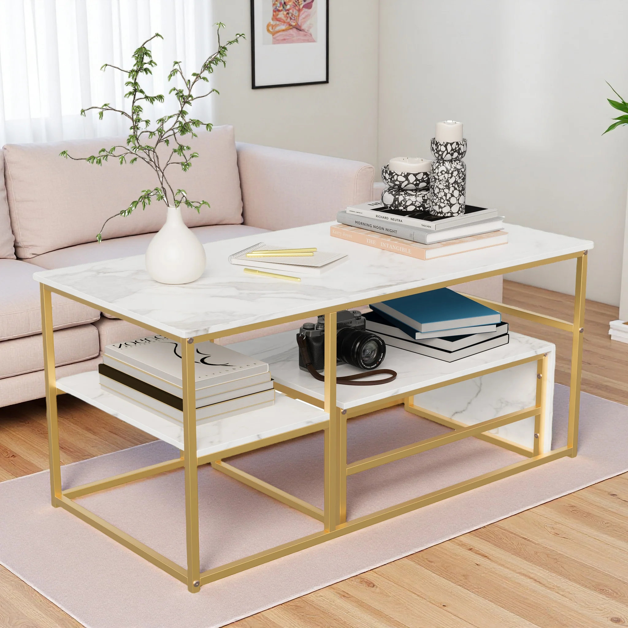 Superaly 2-in-1 quadratischer Couchtisch mit Marmoreffekt, goldfarbenem Metallrahmen, stapelbarer Beistelltisch, Sofatisch für Wohnzimmer, Schlafzimmer Image