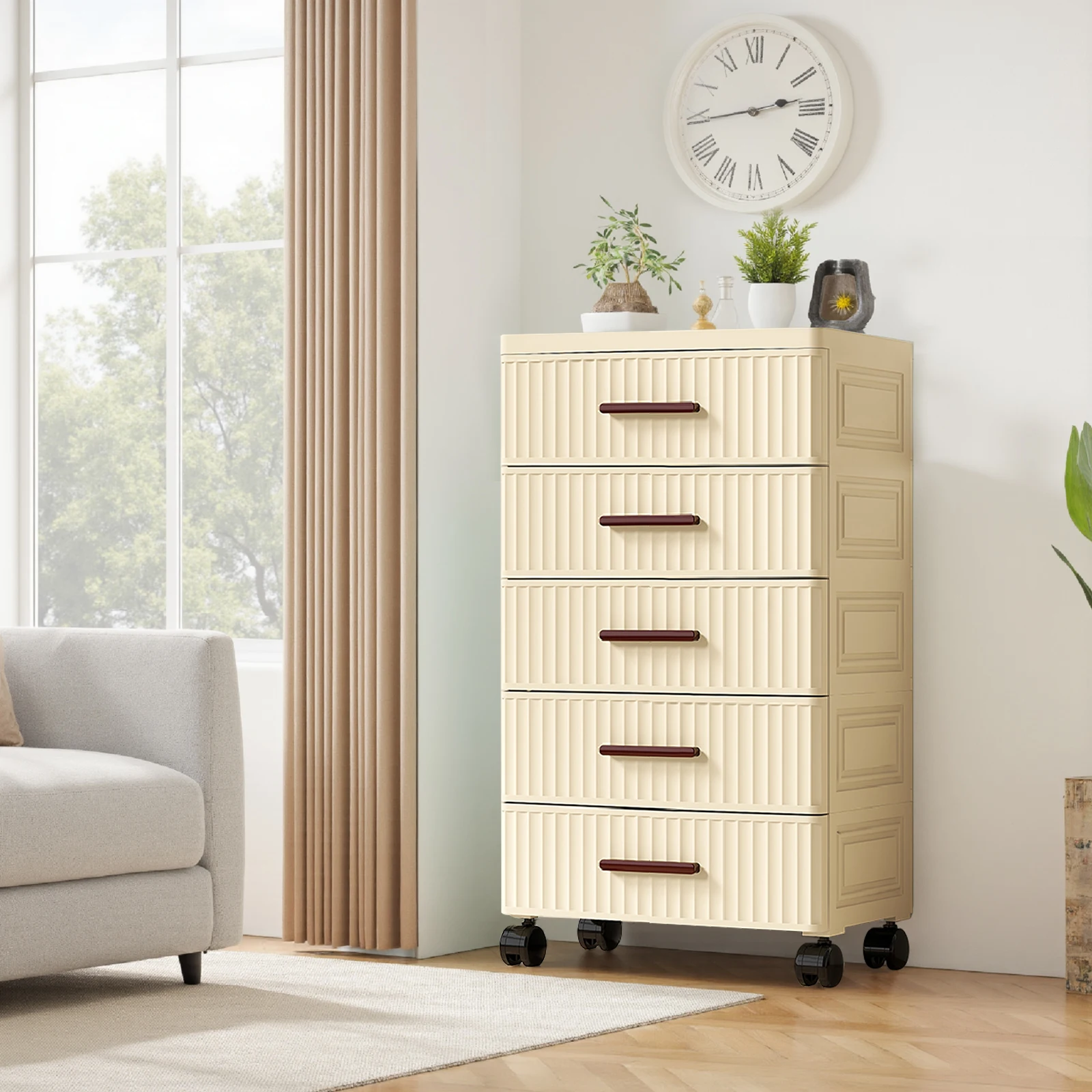 Kunststoff-Schubladenschrank, 48 cm breit, geriffeltes Design, Kommode, Aufbewahrungswagen mit Rollen für Schlafzimmer und Wohnzimmer