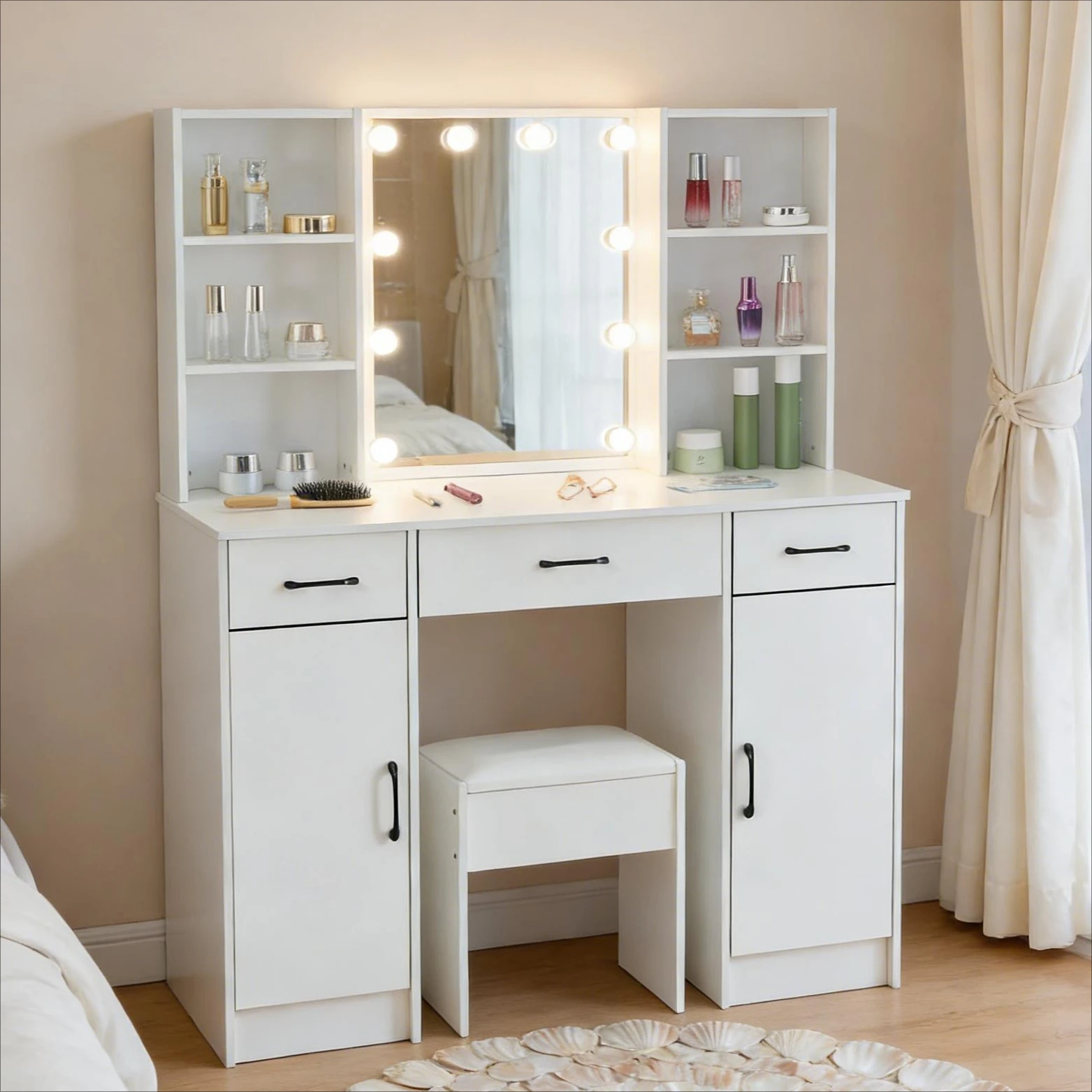 Teousev Schminktisch-Set mit großem dimmbarem Spiegel (10 3-Farben-LED-Lampen), 3 Schubladen und Stauraum – Schlafzimmermöbel