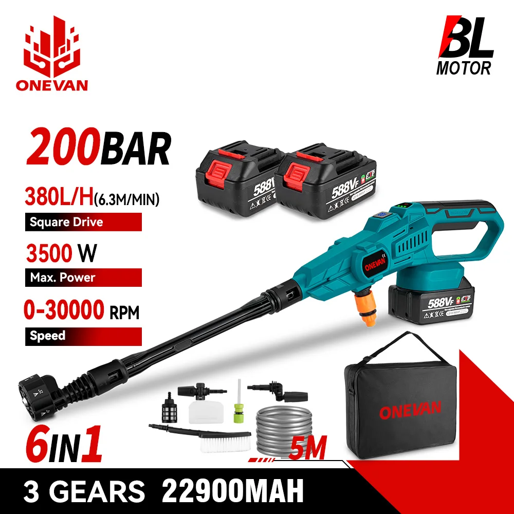 ONEVAN 200Bar 3500W Wasser Pistole Bürstenlosen Elektrischen Hochdruck Garten Waschmaschine Cordless Auto Waschen Pistole Für Makita 18V batterie Pin Image