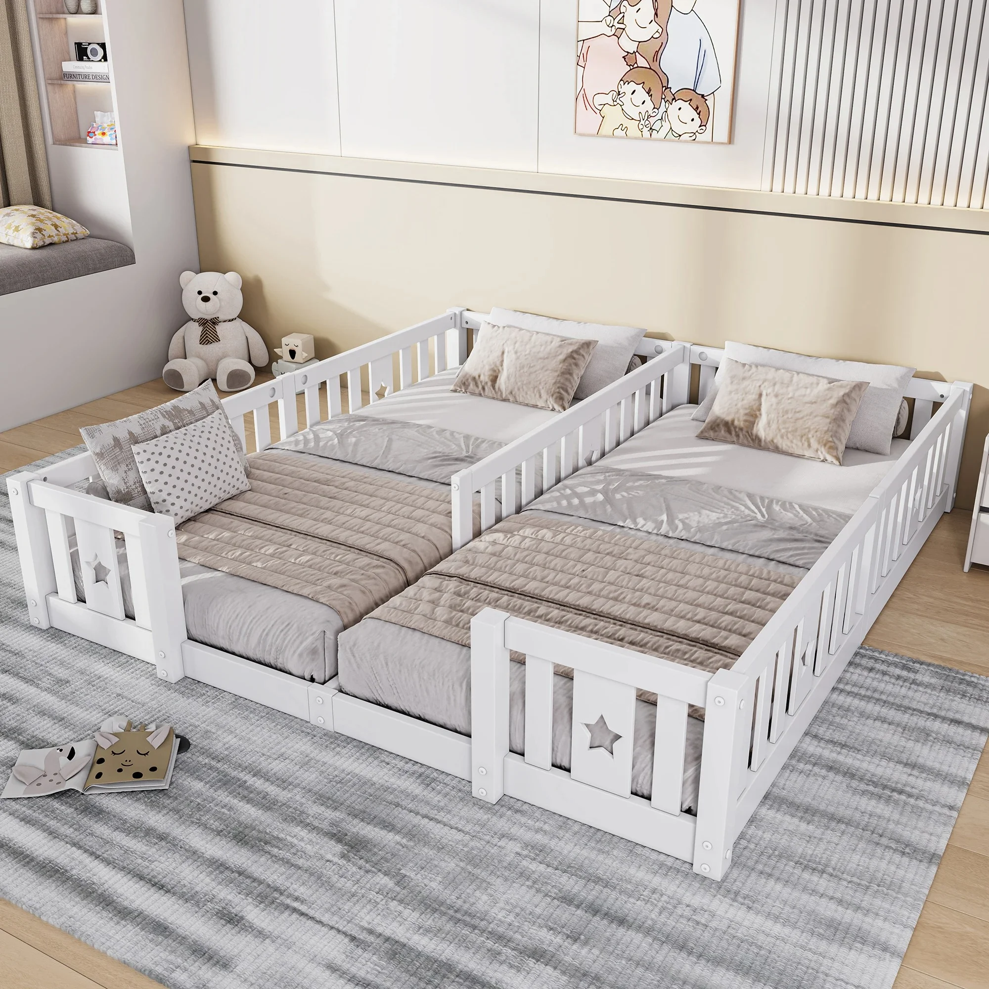 Rosahqnda 90 x 200 cm Kinderbett mit Schutzgeländern, Massivholz, Montessori-Bodenbett, Weiß/Grau (ohne Matratze) Image