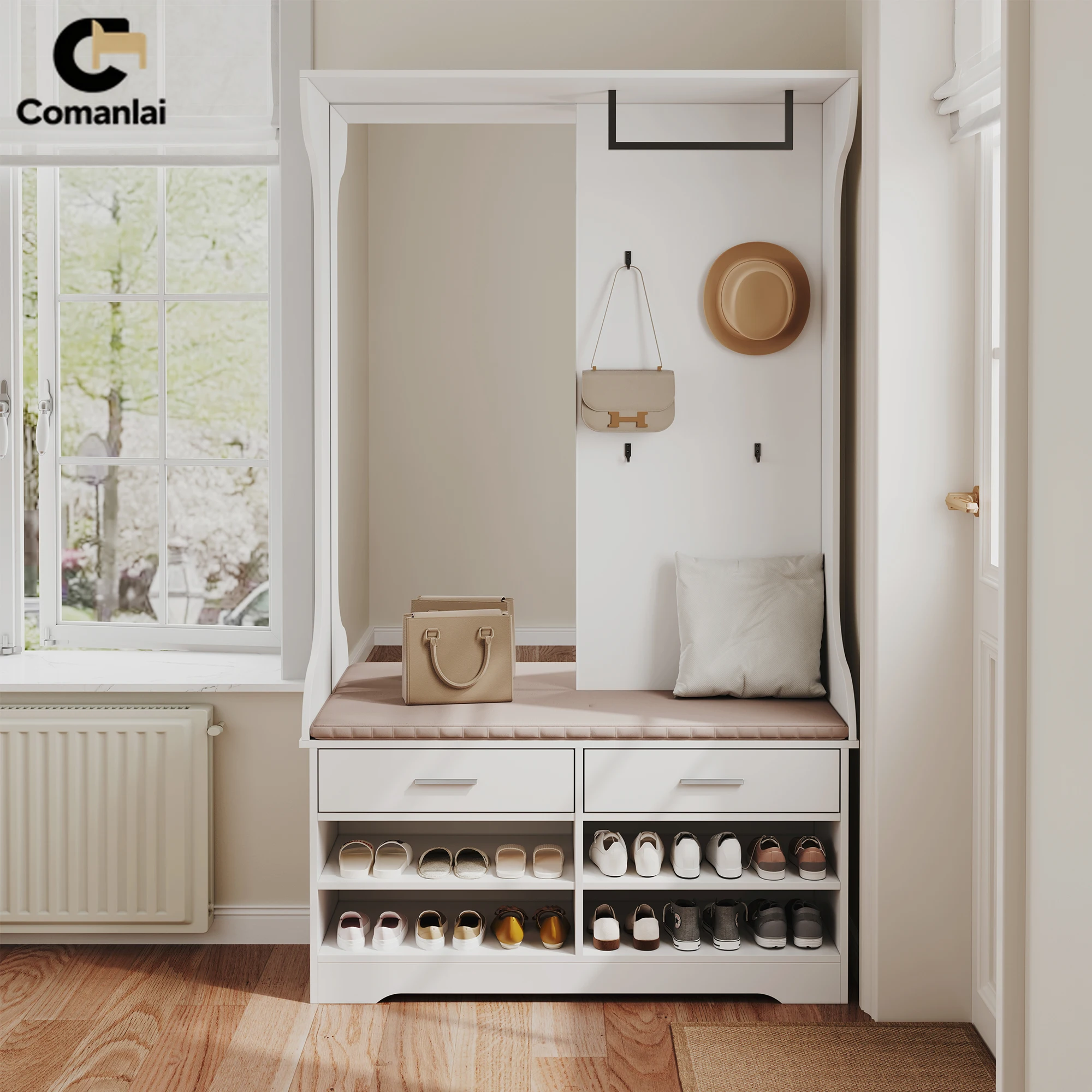 Comanlai 6-in-1 Kleiderschrank mit Spiegel, Schuhbank, 2 Schubladen, 4 Haken, 4 Offenen Schuhschränken & Kleiderstange, Garderobe für den Eingangsbereich