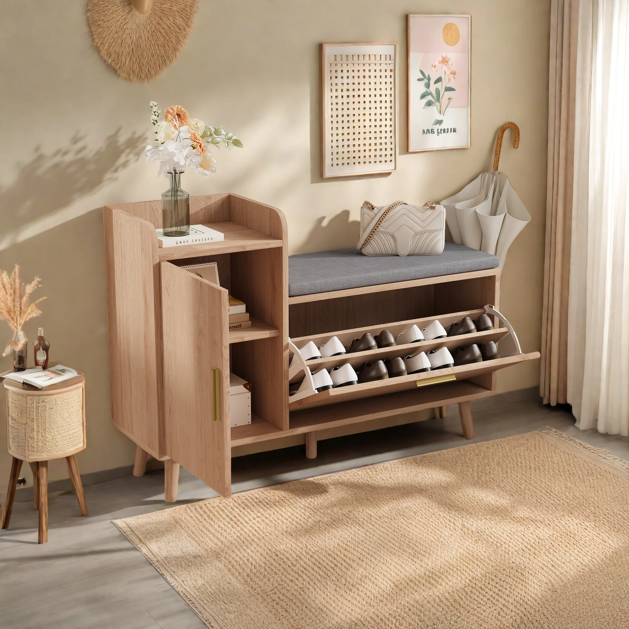 Anajqaqia Kleine Holz-Schuhkommode, Schuhschrank mit Klappschubladen und Seitenschrank, Schuh-Organizer, Freistehender Schuhschrank