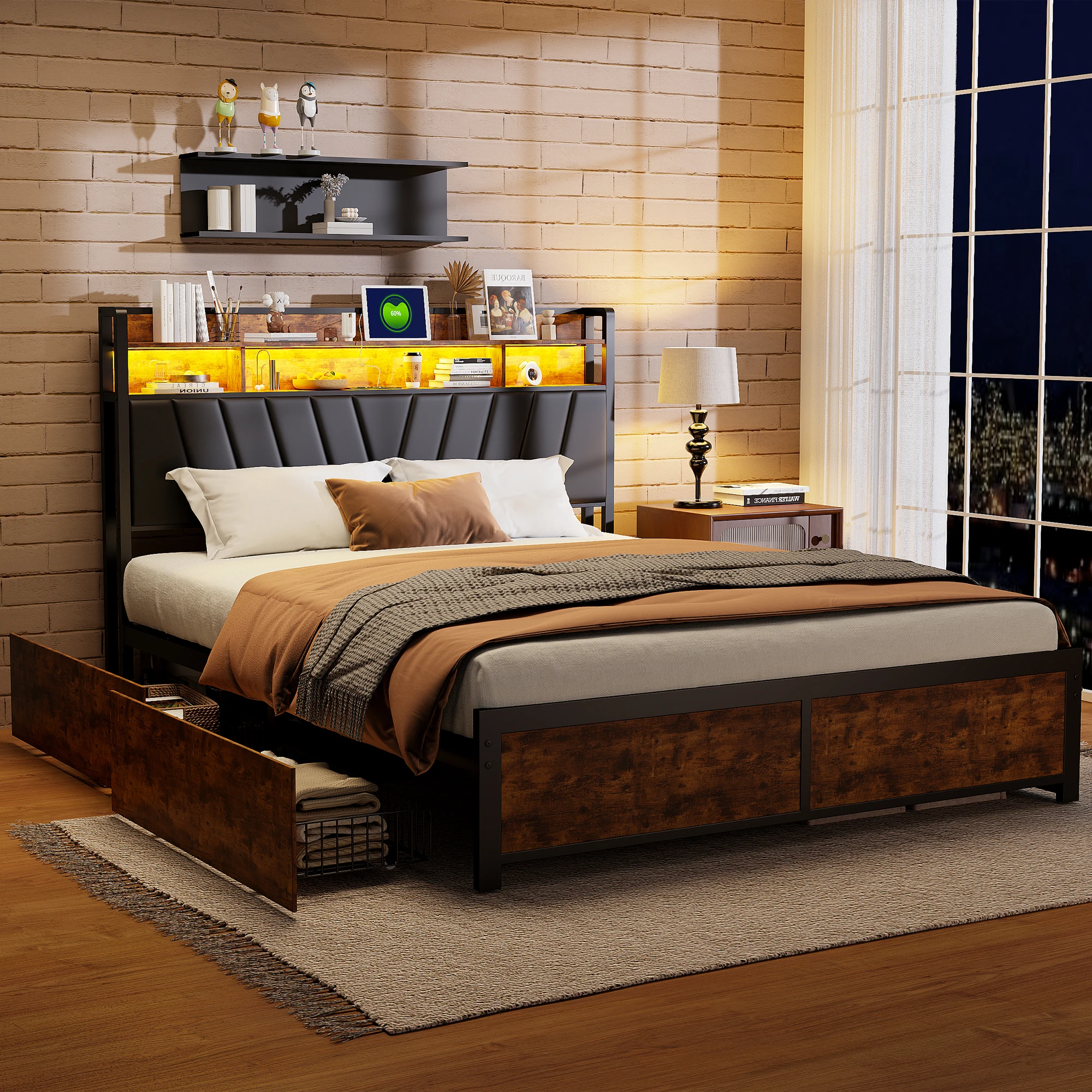 Anajqaqia 140/160/180×200 cm gepolstertes Doppelbett mit 4 Schubladen und Stauraum, Kopfteil mit USB und LED-Lichtleiste Image