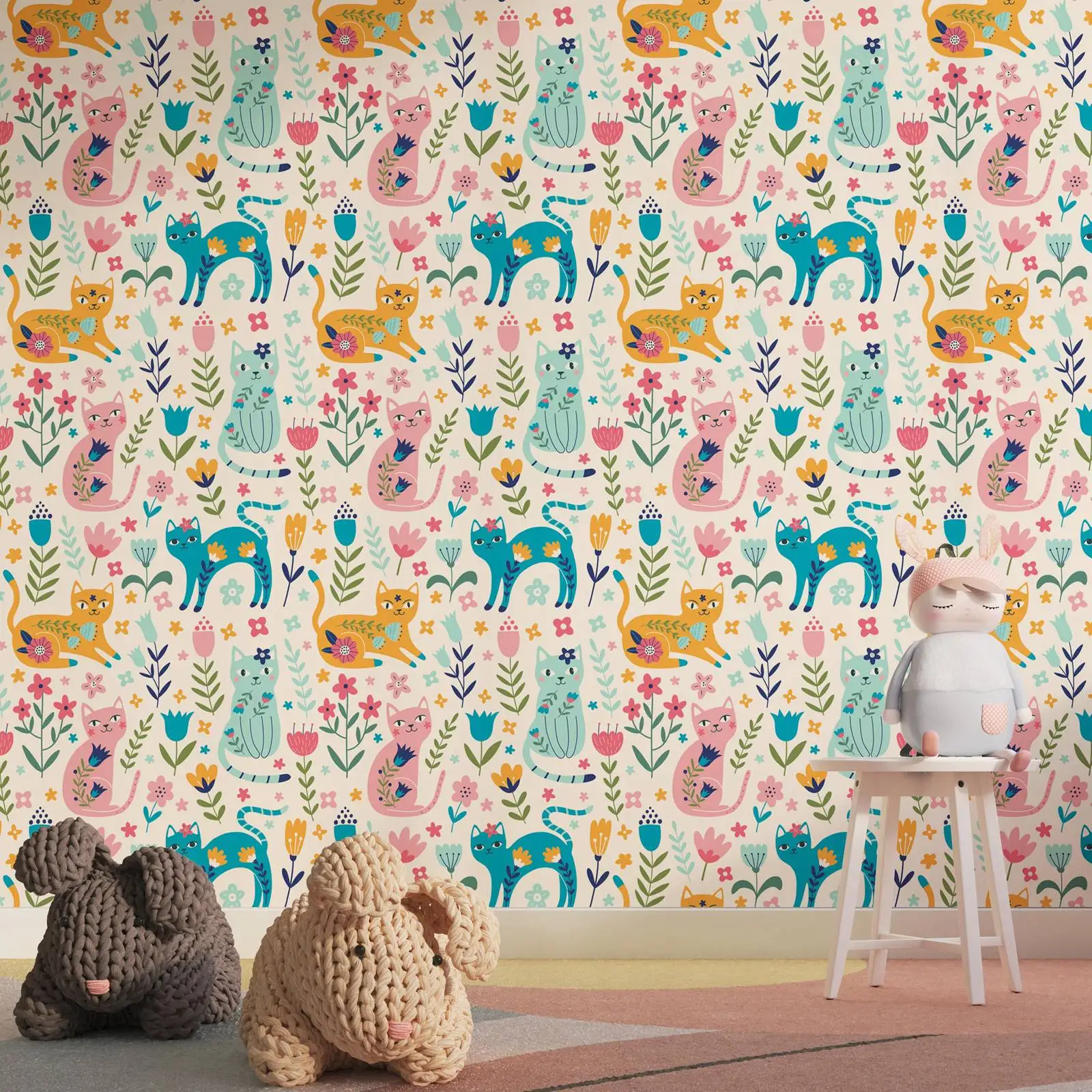 Katzen-Kinderzimmer-Tapete, Tier-Wandtapete für individuelle Schlafzimmerdekoration für Kinder, Katzen-Wandpapier zum Abziehen und Aufkleben oder Traditionell
