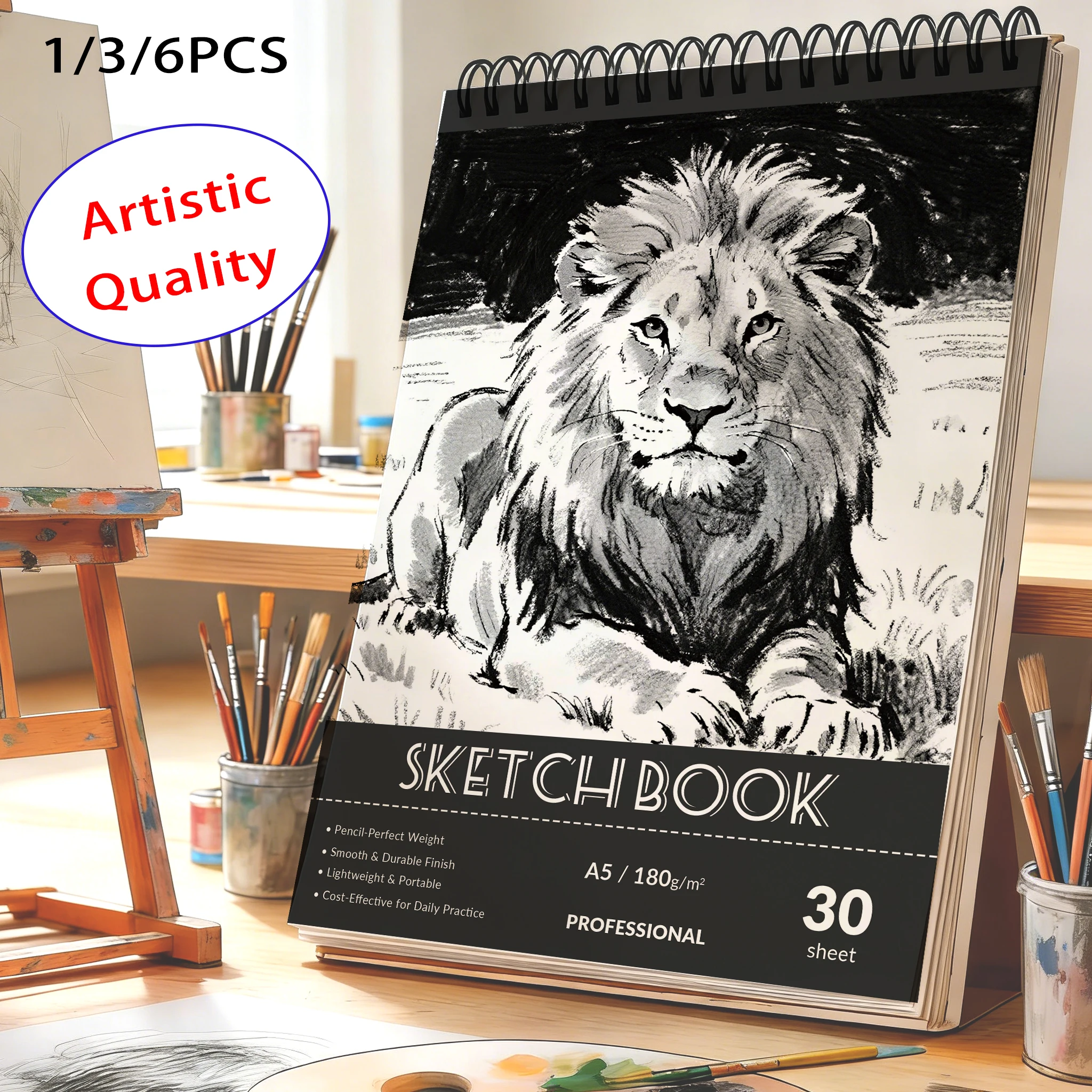 A5 Spiralgebundenes Skizzenbuch, 180g/m² Säurefreies Glattes Kunstpapier, 30 Blatt Professionelles Zeichenbuch für Bleistiftskizzen Image