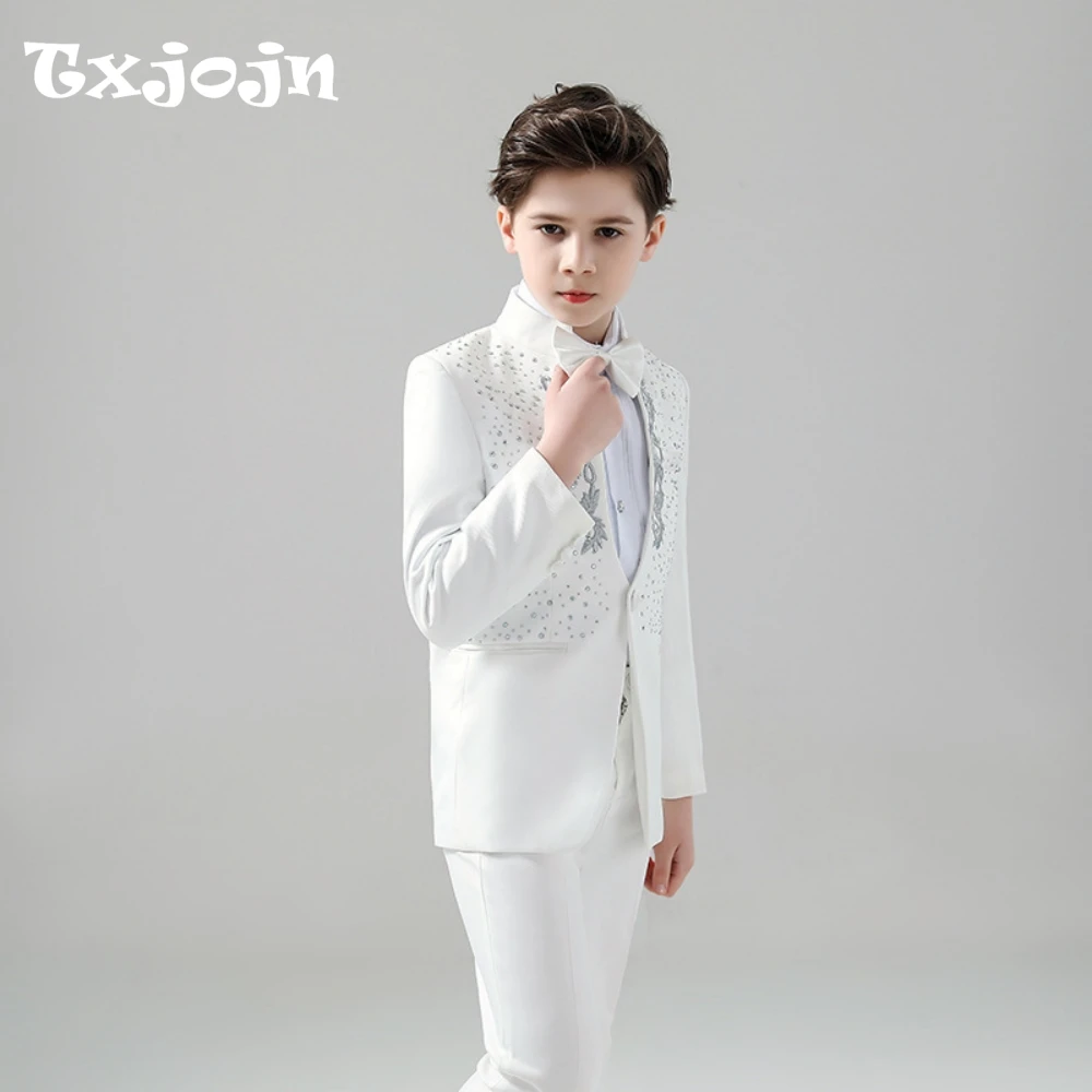 Weißes, elegantes Perlenanzug-Set, 2-teilig, für Kinder, Eheringträger-Outfit, modischer Stehkragen, Jungen-Smoking für Party Image