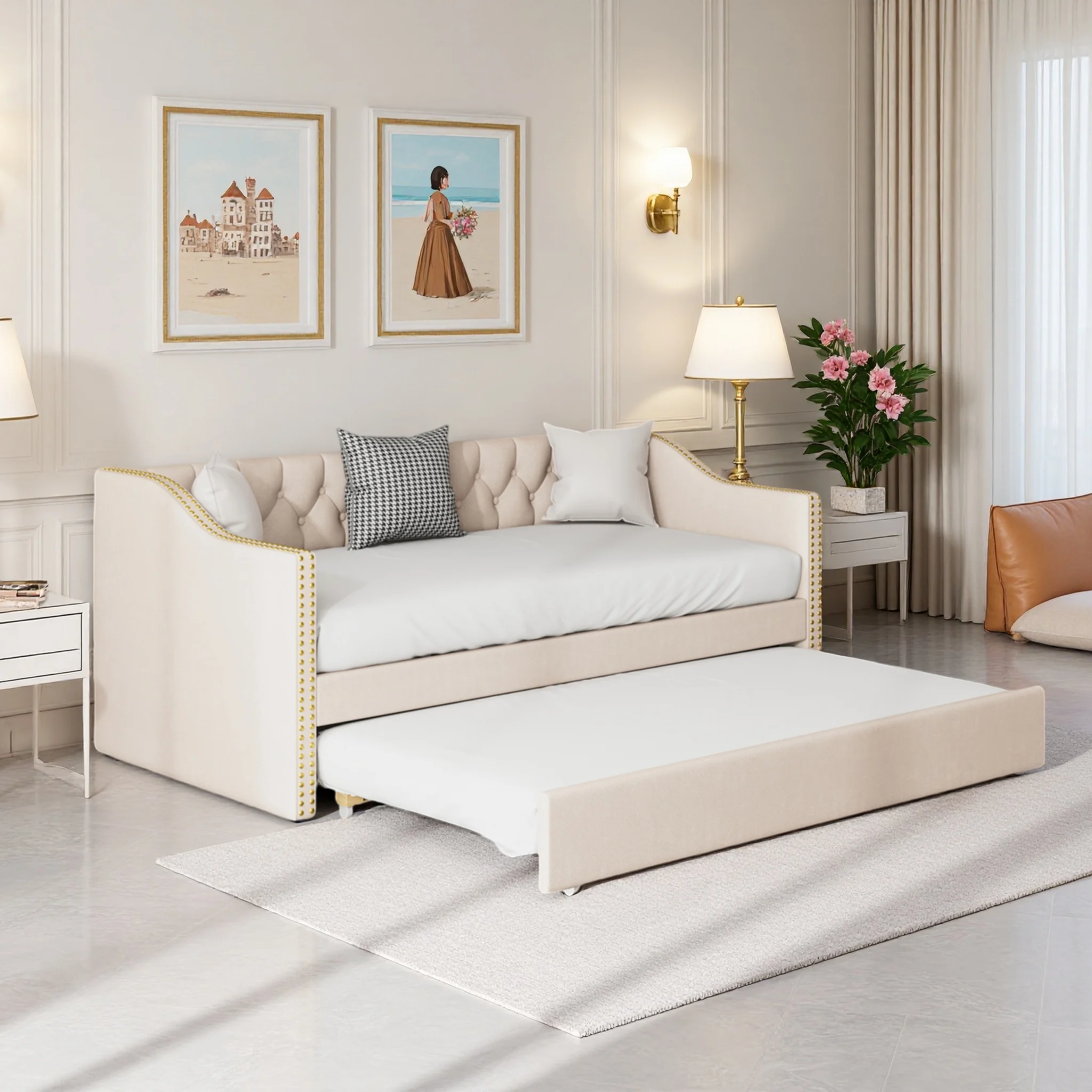 Comanlai Polsterbett 90x200cm, Ausziehbares Schlafsofa mit Lattenrost, Kinderbett, Gästebett, Jugendbett, Leinenstoff, Beige