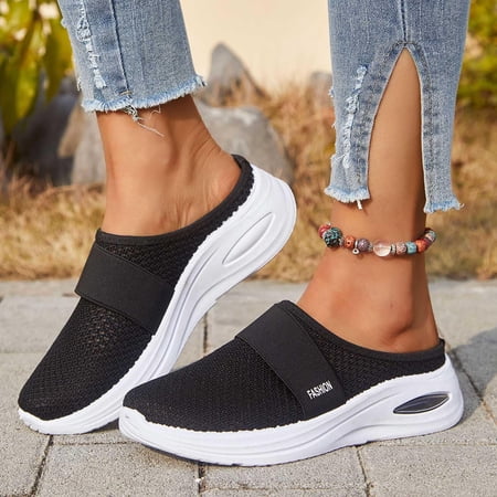 Womens Summer Mules Mules for Women 2026 Backless Sneakers for Women Women s Mules Backless Tennis Shoes for Women Hollow Out Women s Ladies Mesh Shoes Footwear Flat Breathable Shoes Black 7.5