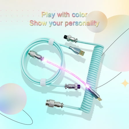Oggfader Keyboards for Computers Coiled USB C Cable For Gaming Keyboard RGB Double Sleeved Mechanical Keyboard Cable With Detachable Metal 1.5M USB C To USB A Mint Green