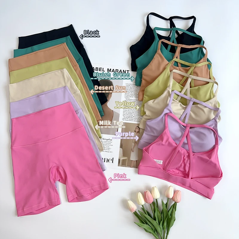 Ensemble de Yoga et vélo de Sport pour femmes, couleur unie, Legging court, dos croisé, soutien-gorge de Sport, survêtement, athlétique, entraînement complet, 2 pièces 