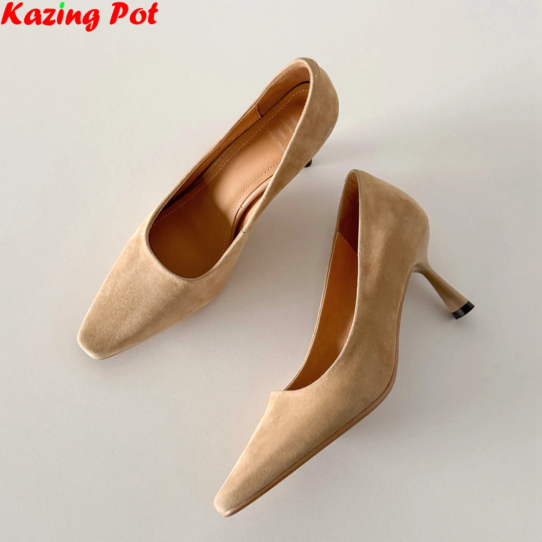 Krazing Pot Kid Suede Square Toe High Heels Shallow Spring Autumn Shoes Dating Party Concise Office Lady Ins Wedding Women Pumps