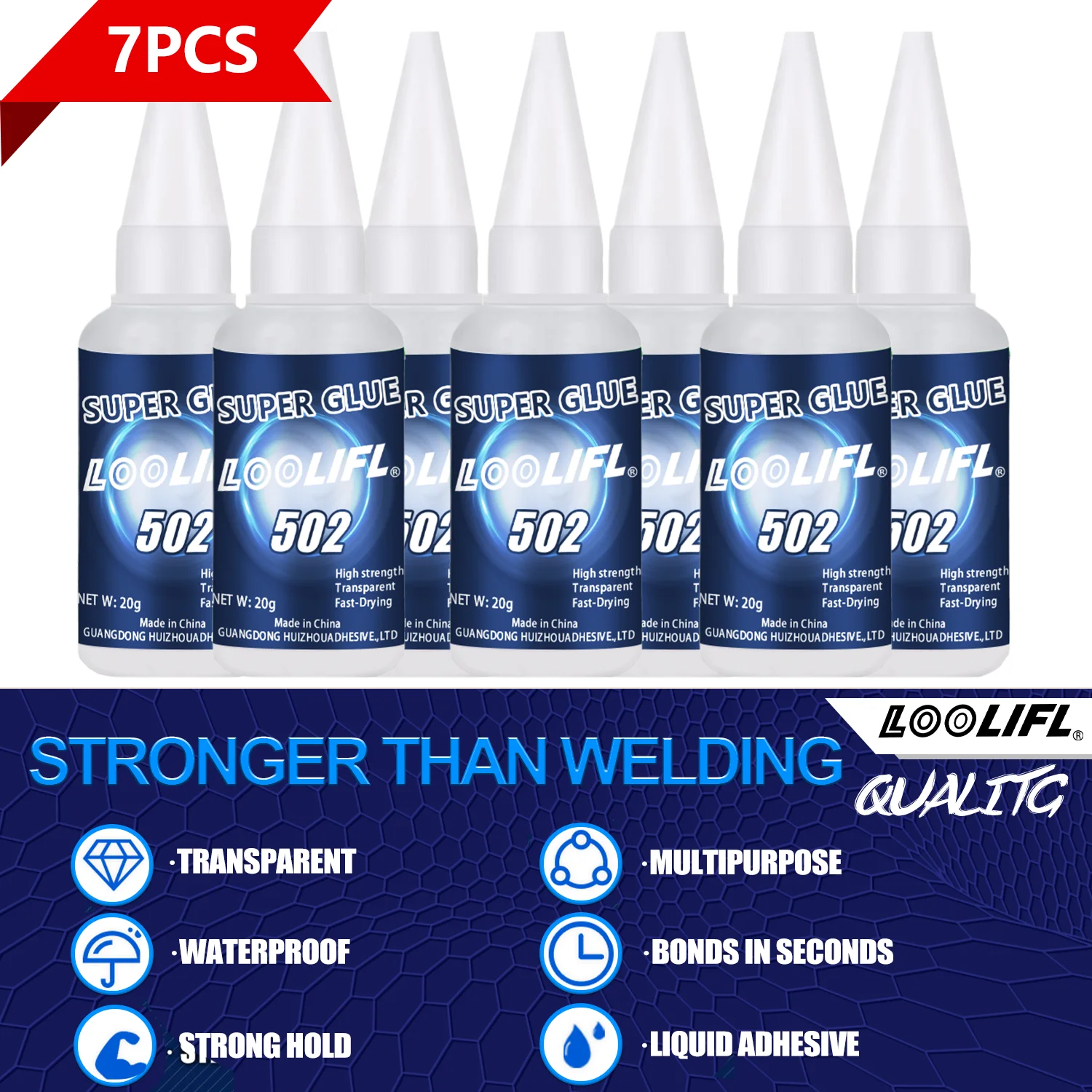 LOOLIFL 7PCS Superkleber 502 Hochfester, schnell trocknender Cyanacrylat-Klebstoff für Leder, Gummi, Holz, Metall. Breite Anwendbarkeit