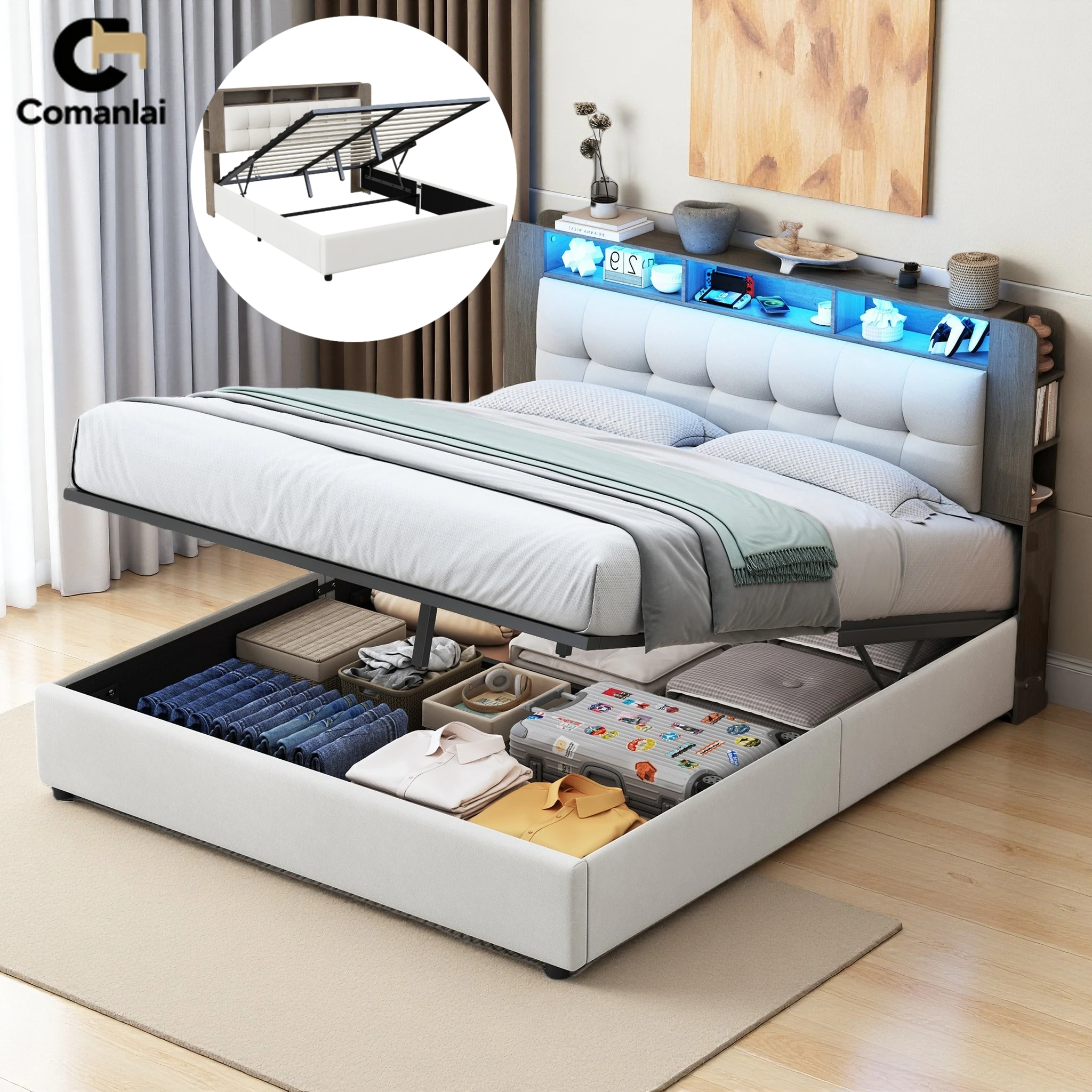Comanlai Gepolstertes Doppelbett mit LED-Beleuchtung & USB-Ladeanschluss 140x200cm Hydraulisches Stauraumbett mit Lattenrost Image