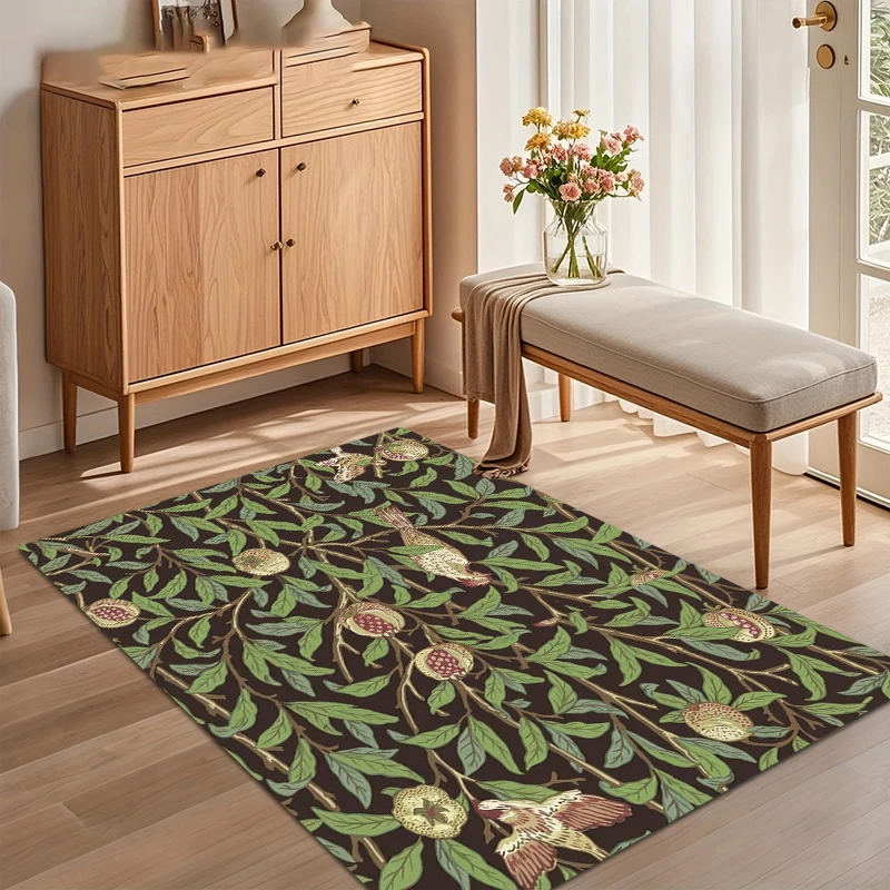 Natürlicher Aquarell-Blatt- und Blumen-Teppich, rutschfeste Bodenmatte, Teppich mit botanischem Rankendesign für moderne Wohnzimmer- und Schlafzimmerdekoration Image