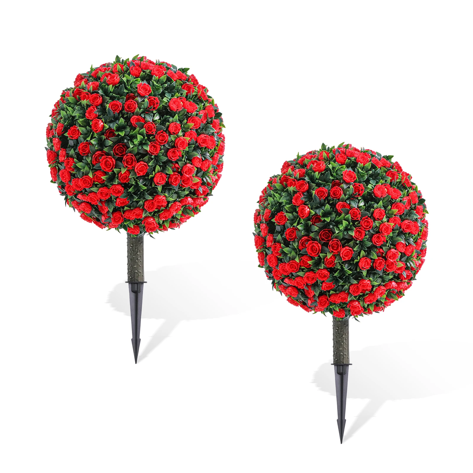 2er-Pack Künstliche Topiary-Kugelbäume für Außenbereich, UV-beständig, Rote Rosen, Kunstpflanzen mit Bodenspieß für Terrasse, Garten, Haustür-Dekoration Image