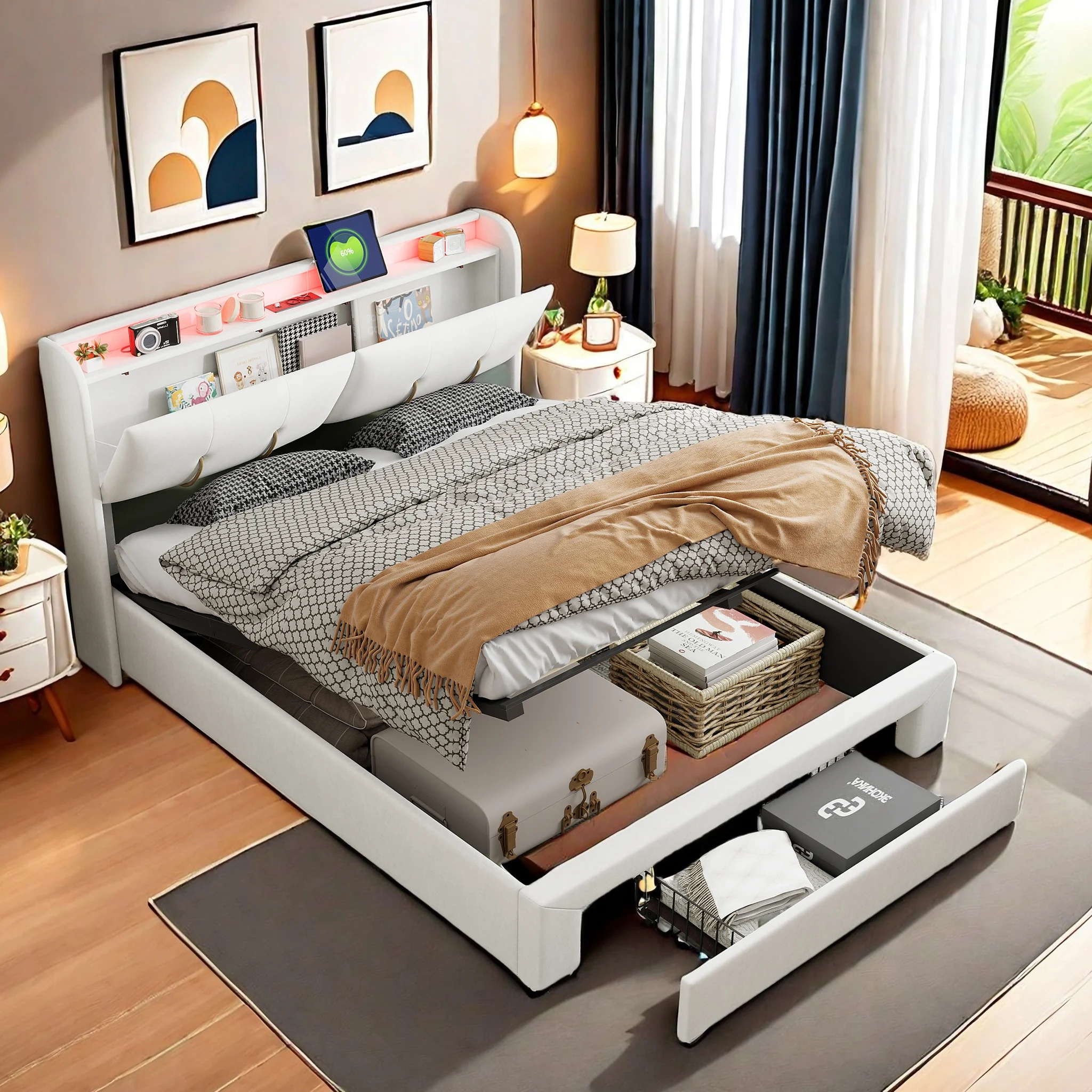 Superaly 140x200cm Polsterbett, Bettgestell mit Stauraum, 1 Schublade, Kopfteil mit USB-Anschluss und Lichtleiste, Samt Image