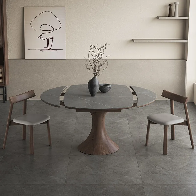 Nordischer Massivholz-Esstisch, variabler runder Tisch, italienischer klappbarer Esstisch aus Walnussholz, Wabi Sandy, ausziehbarer Esstisch aus Steinplatten