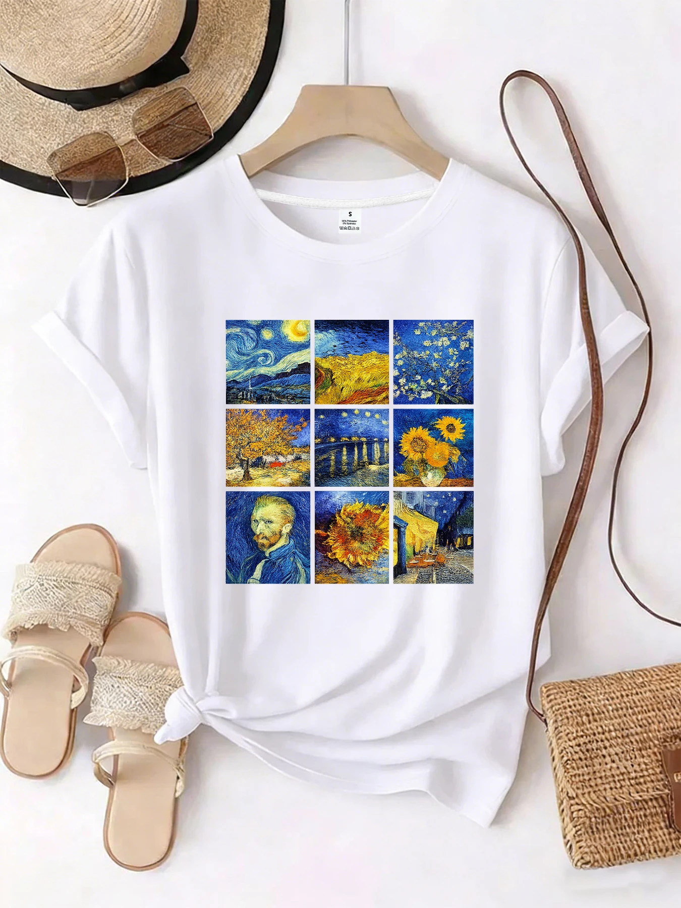 【HZF102101】Cartoon-Ölgemälde-Motiv, Rundhals-T-Shirt für Damen, kurze Ärmel, modisch bedrucktes, halbärmeliges, elastisches T-Shirt Image