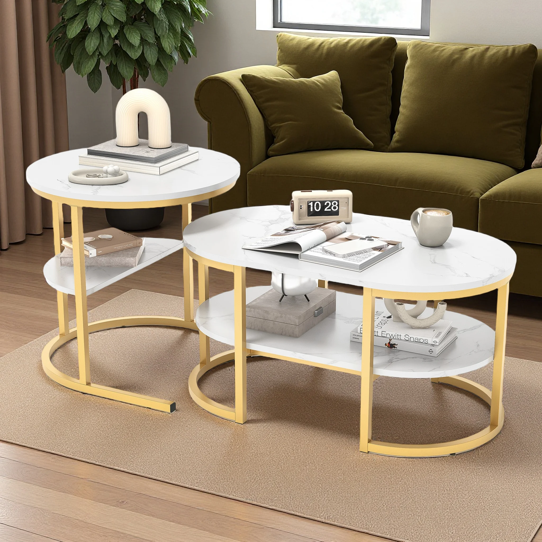 Anajqaqia Set aus 2 Couchtischen, runde und rechteckige Beistelltische mit Stauraum, Marmoroptik, Metallgestell, ineinanderstellbare Tische