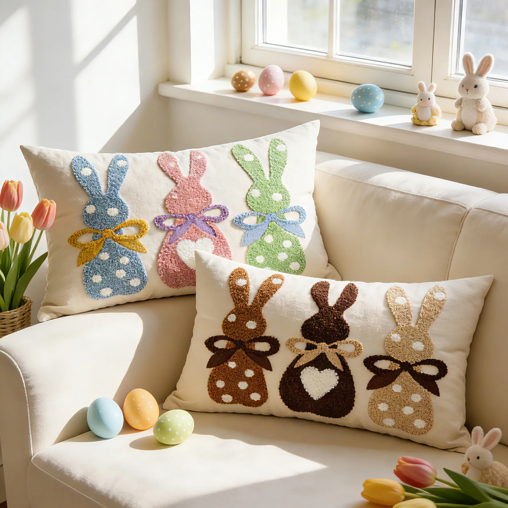 30x50cm Neuer Osterhase Handtuch-Kissenbezug Bestickte Kissenhülle Frühlingsgarten Outdoor Baumwolle Leinen Bestickter Dekokissenbezug Image