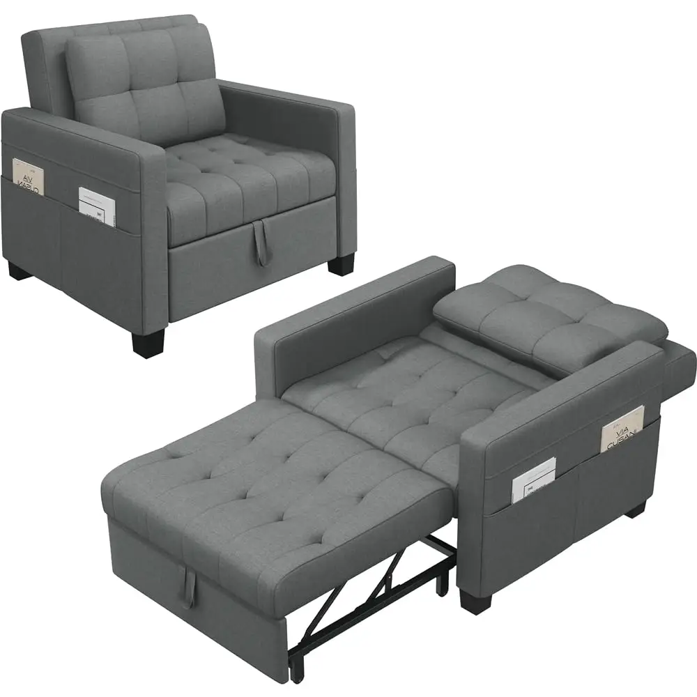 3-in-1 ausziehbares graues Schlafsofa, umwandelbarer Stuhl, verstellbare Seitentasche, 190 x 71,5 cm, kleiner Raum, individuell Image