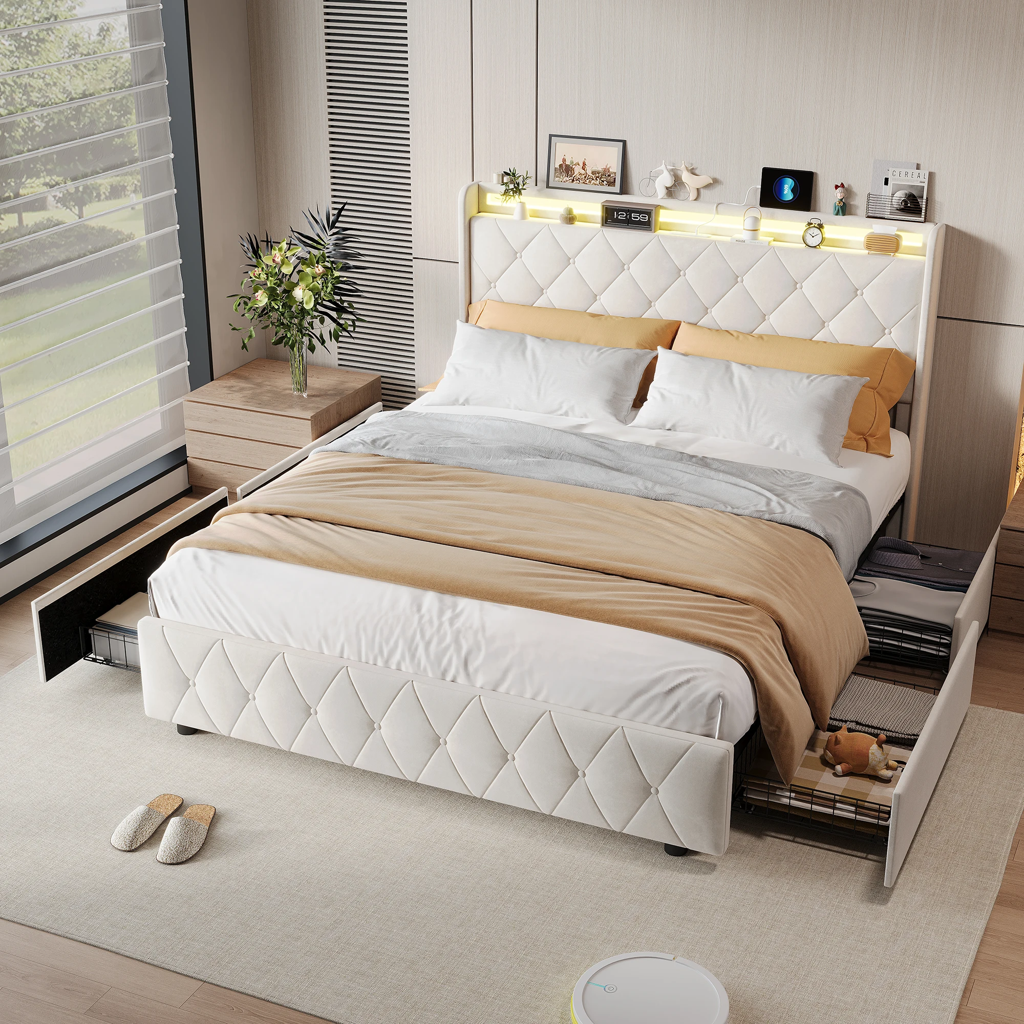 Anajqaqia 160 x 200 cm Polsterbett, Doppelbett mit 4 Schubladen, mit LED-Beleuchtung und USB, Stauraumbett, ohne Matratze, Beige Image