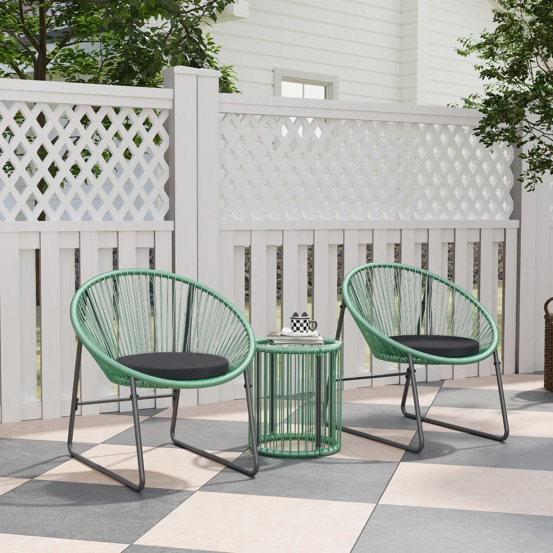 3-teiliges Gartenmöbel-Set aus grünem Polyrattan – 2-Sitzer-Lounge für den Außenbereich mit Tisch und Kissen, wetterbeständig