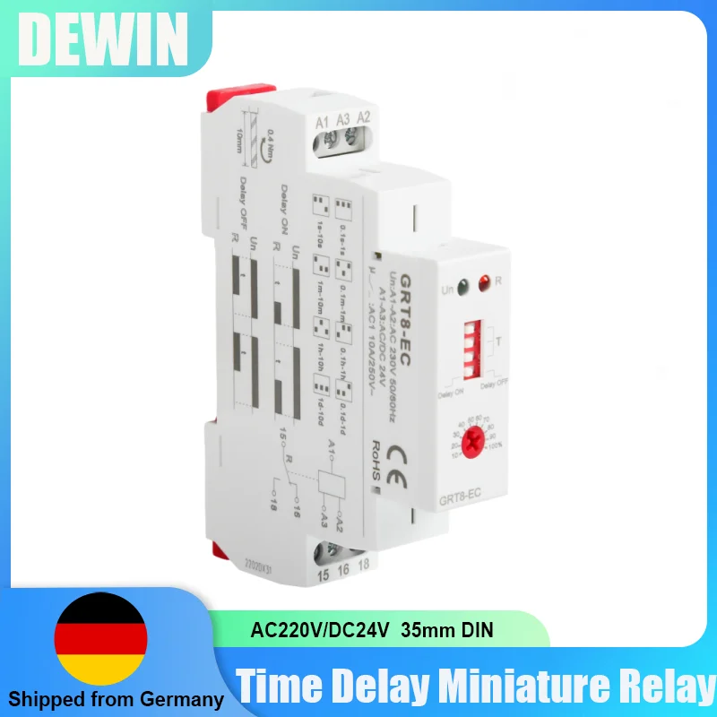 GRT8-EC AC220V/DC24V Einfunktions-Zeitrelais Einschaltverzögerung Ausschaltverzögerung Zeitrelais 35mm DIN-Schienen-Zeitsteuermodul DIY Image
