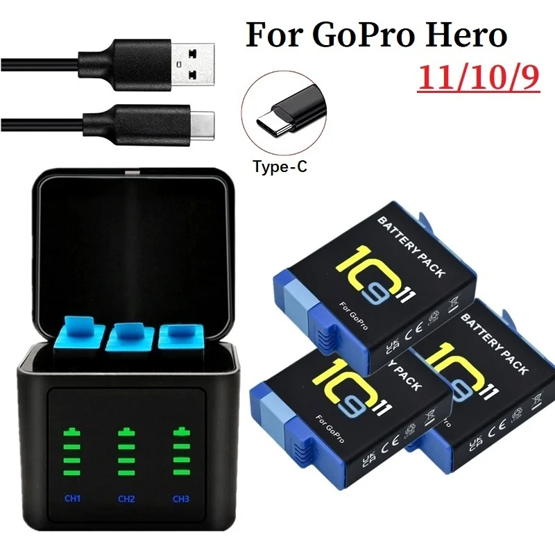 1750mAh Akku für Gopro Hero 10 11 oder LED 3-Slots Ladegerät für Gopro Hero 9 Hero10 Gopro 11 Sport kameras Zubehör Image