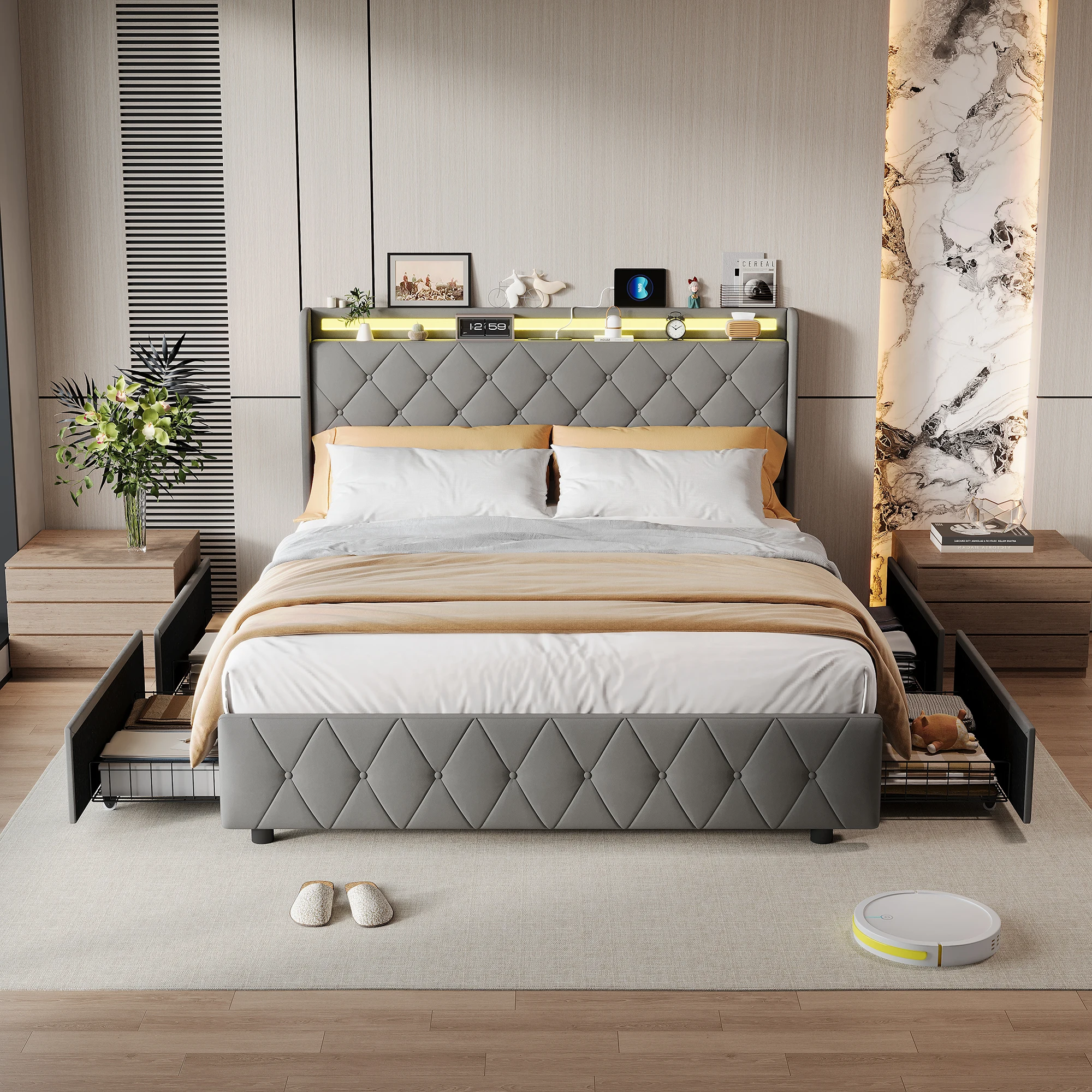 Anajqaqia 140 x 200 cm Polsterbett, Doppelbett mit 4 Schubladen, Jugendbett mit LED und USB, ohne Matratze, Samt, Grau Image