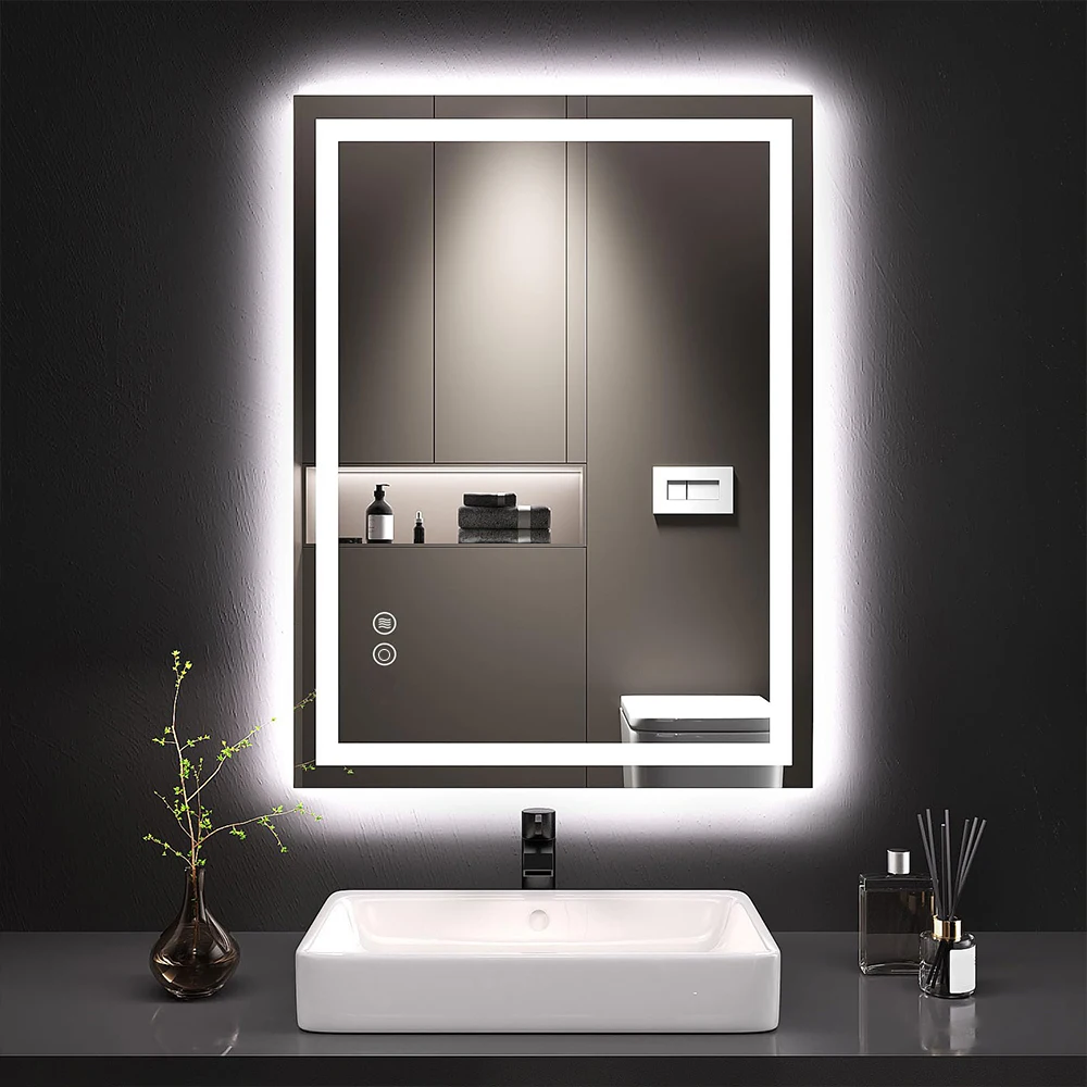 19,7x27,5 Zoll LED rechteckiger Badezimmerspiegel, hintergrundbeleuchteter Schminkspiegel, wandmontiert mit intelligenter Touch-Steuerung, dimmbar, beschlagfrei, 3CCT
