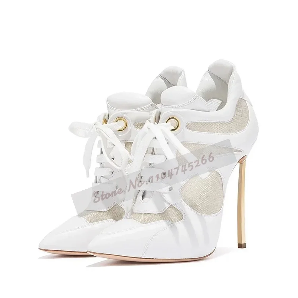 Frauen Golden Blade Heel Lace-Up Kleid Pumps Weiß Matte Leder Air Mesh Patchwork Bankett Schuhe Netzwerk Ring Schnalle schuhe