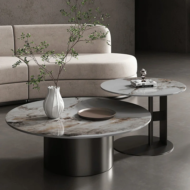 Luxuriöser Runder Couchtisch für Wohnzimmer, Moderner Eleganter Beistelltisch mit Metallgestell, Stilvolle Wohnungsdekoration, Beistelltisch-Sets Image