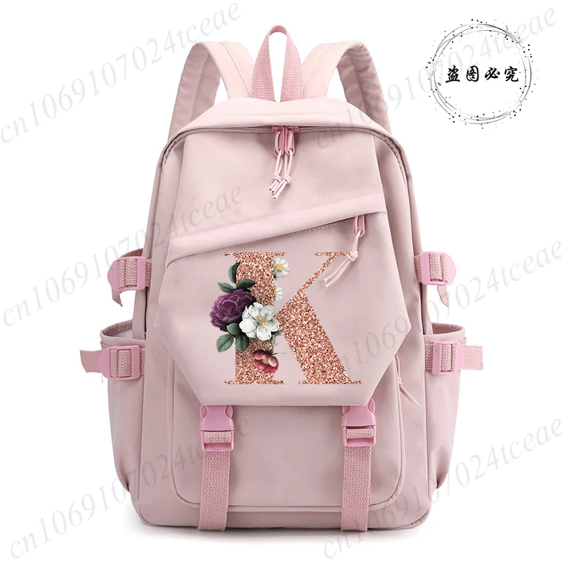 Modischer Trend-Rucksack, rosa Rucksack für Damen, Roségold-Buchstaben A~Z-Design, Büchertasche für Schüler der Mittelstufe, Mochila Image