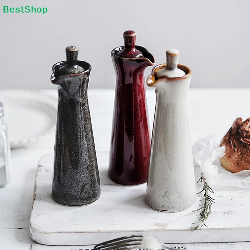  Keramik-Ölspenderflasche mit Deckel - Glasierte Keramik-Olivenöl- und Essigkanne für die Küche Image