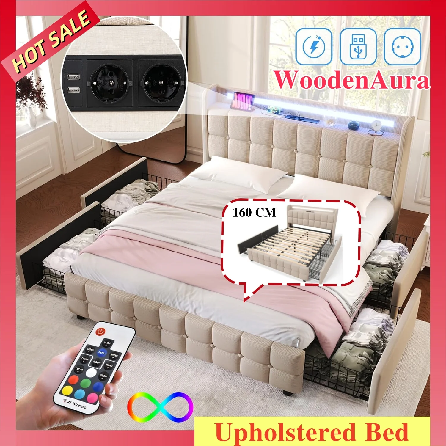 WoodenAura 160x200 cm Polsterbett mit LED-Beleuchtung und 4 Schubladen, Leinen, Doppelbett, Lattenrost, Kopfteil mit USB-Ladefunktion Image