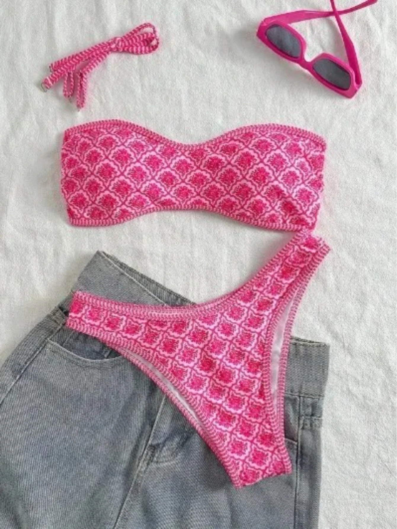 Damen-Badeanzug-Set, florales, rückenfreies, sexy, plissiertes Bikini-Set, Strand-Badeanzug grün, rosa, blau, 2-teiliges Set, 2025, neuer Artikel