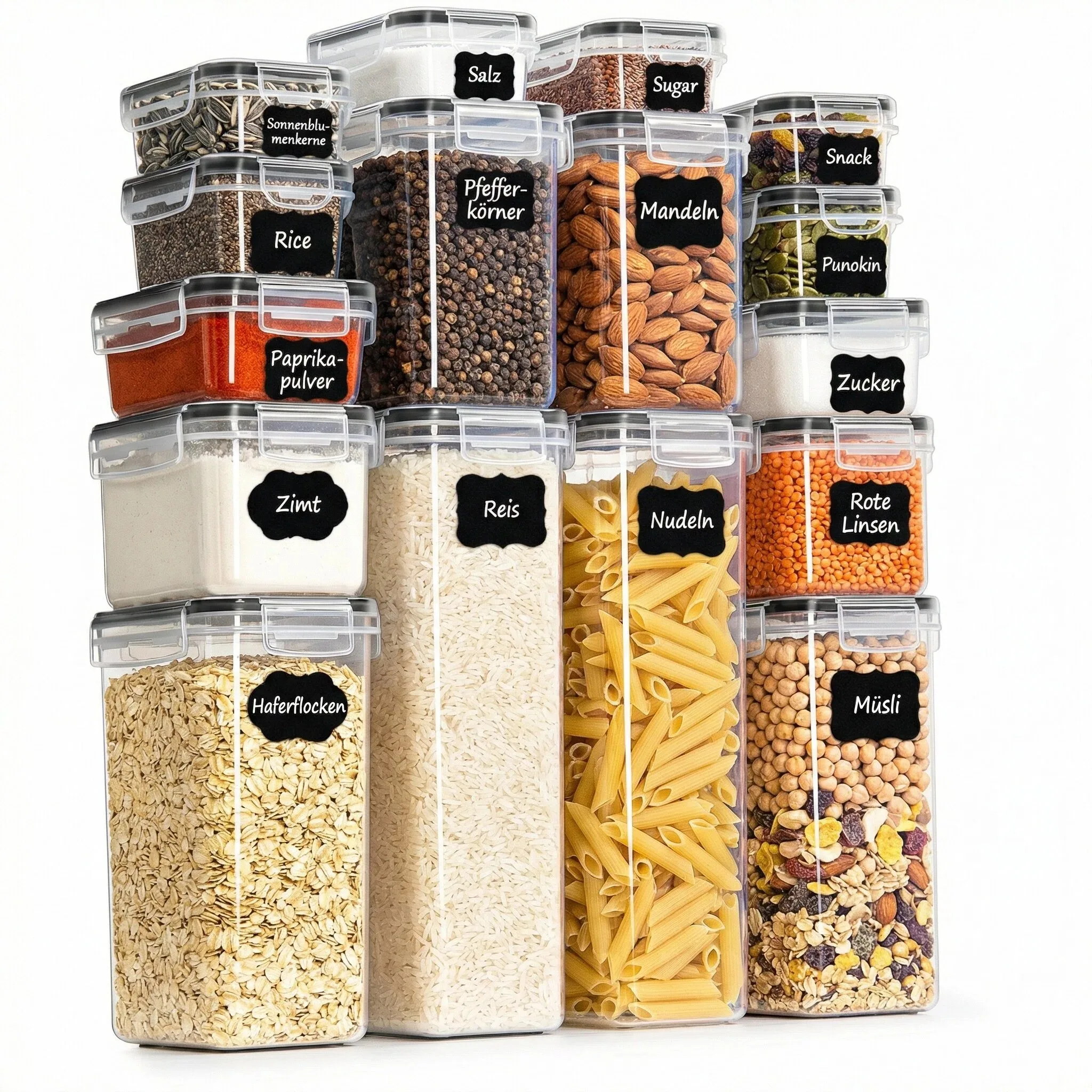 Vorratsdosen mit Deckel luftdicht 16er Set – BPA-freie Aufbewahrungsbox Küche für Mehl, Zucker, Müsli, Gewürze & Nudeln, stapelbare Vorratsbehälter inkl. Etiketten & Stift Image