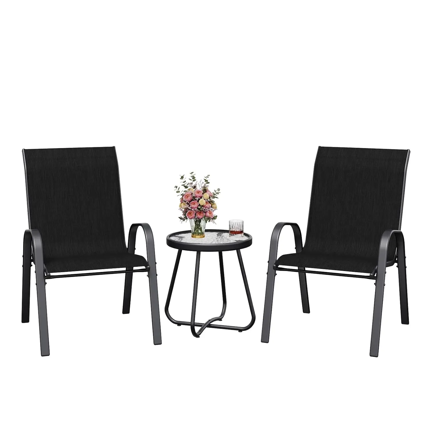 3-teiliges Balkonmöbel-Set, Bistro-Set klein mit Bistrotisch und 2 stapelbaren Gartenstühlen aus Textilene, individuell gestaltet Image