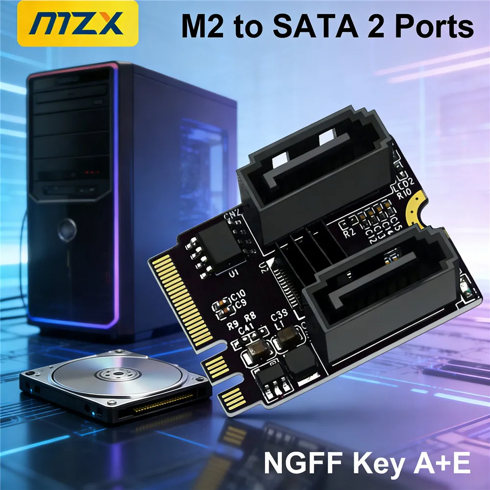 M2 zu SATA 3.0 2-Port NGFF Konverter Erweiterungskarte KEY A+E WIFI M.2 SSD HDD Festplattenadapter Treiberfrei PC-Zubehör Image