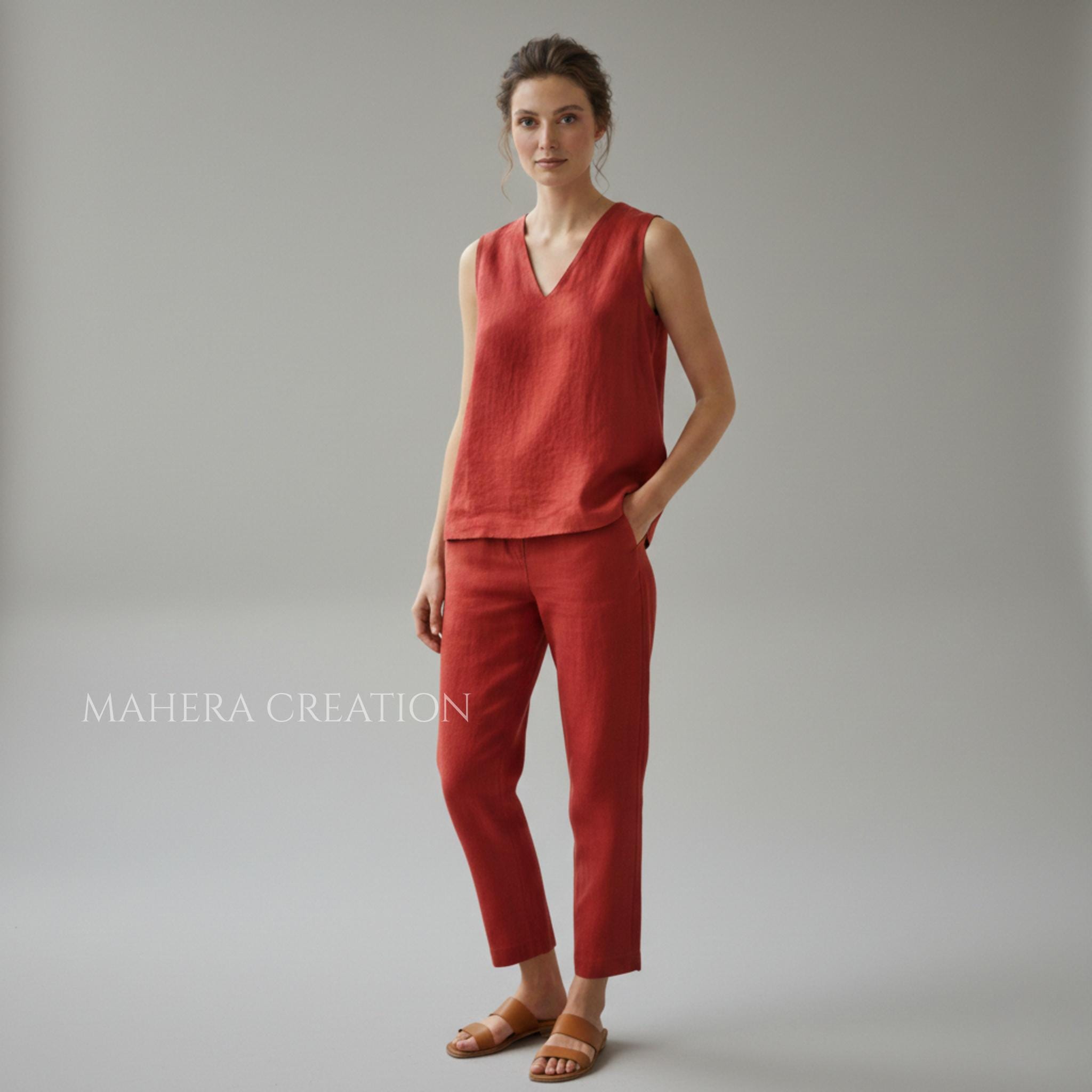 Completo due pezzi in lino rosso, top senza maniche con scollo a V, pantaloni dritti, outfit estivo minimalista