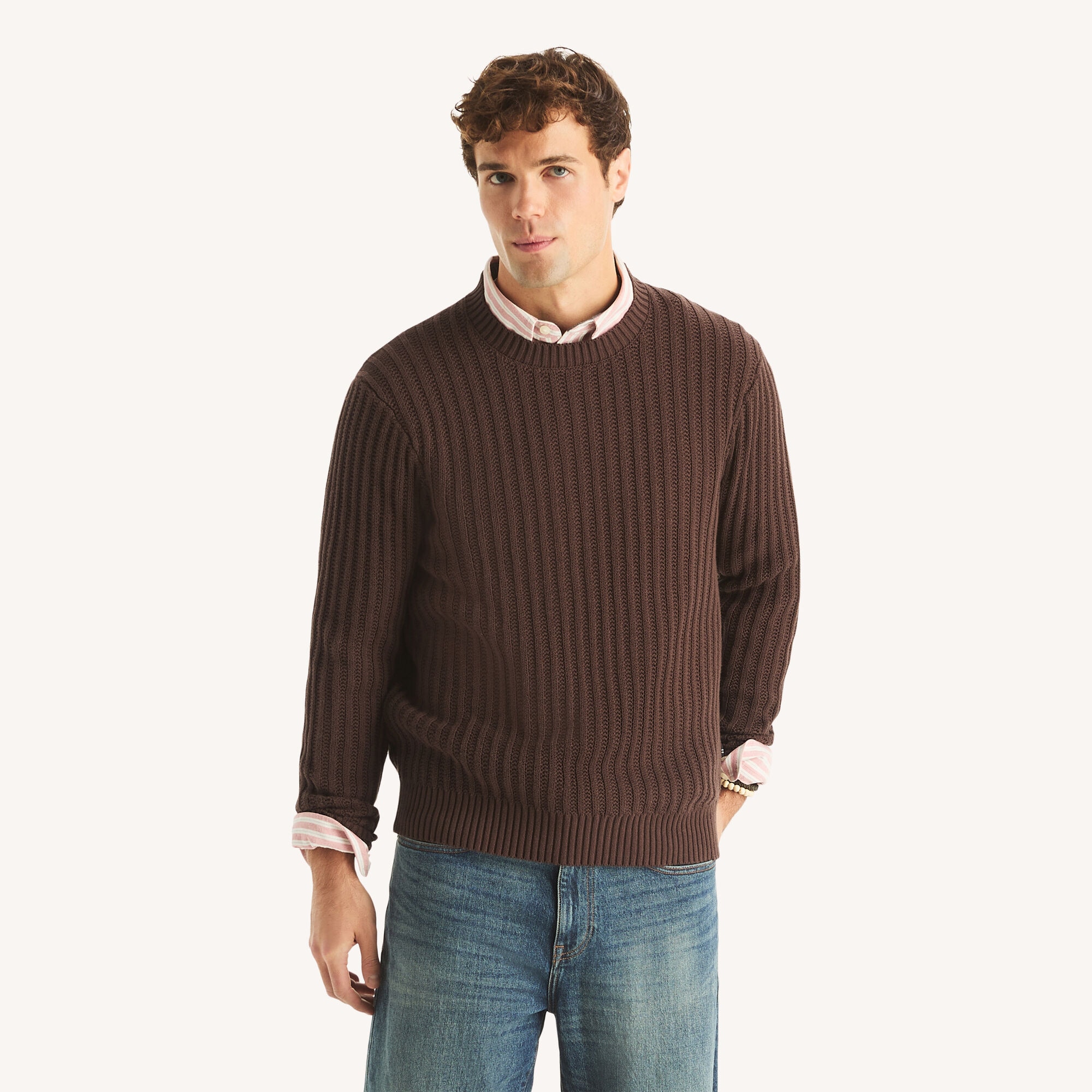 Nautica Men's Textured Crewneck Sweater 245 (Truffle), M